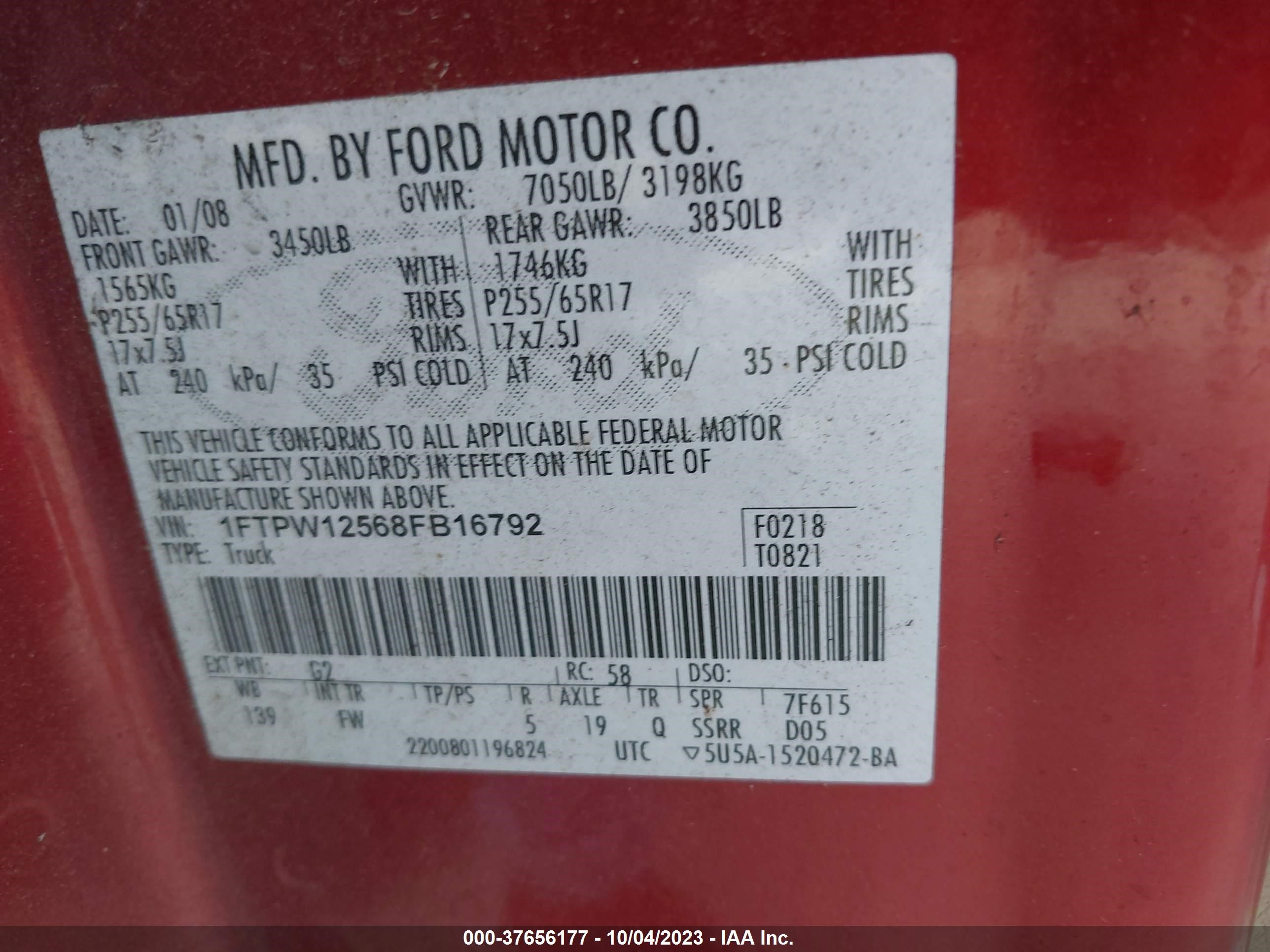 Photo 8 VIN: 1FTPW12568FB16792 - FORD F-150 