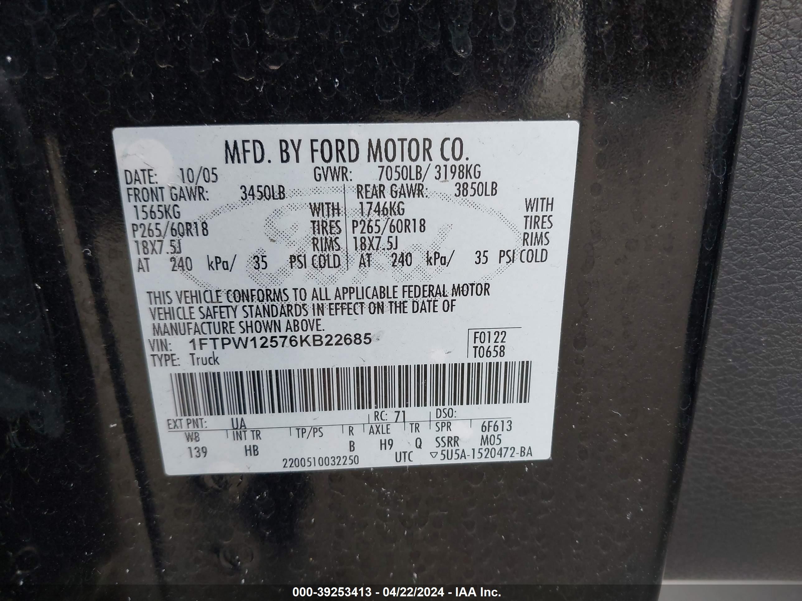 Photo 8 VIN: 1FTPW12576KB22685 - FORD F-150 