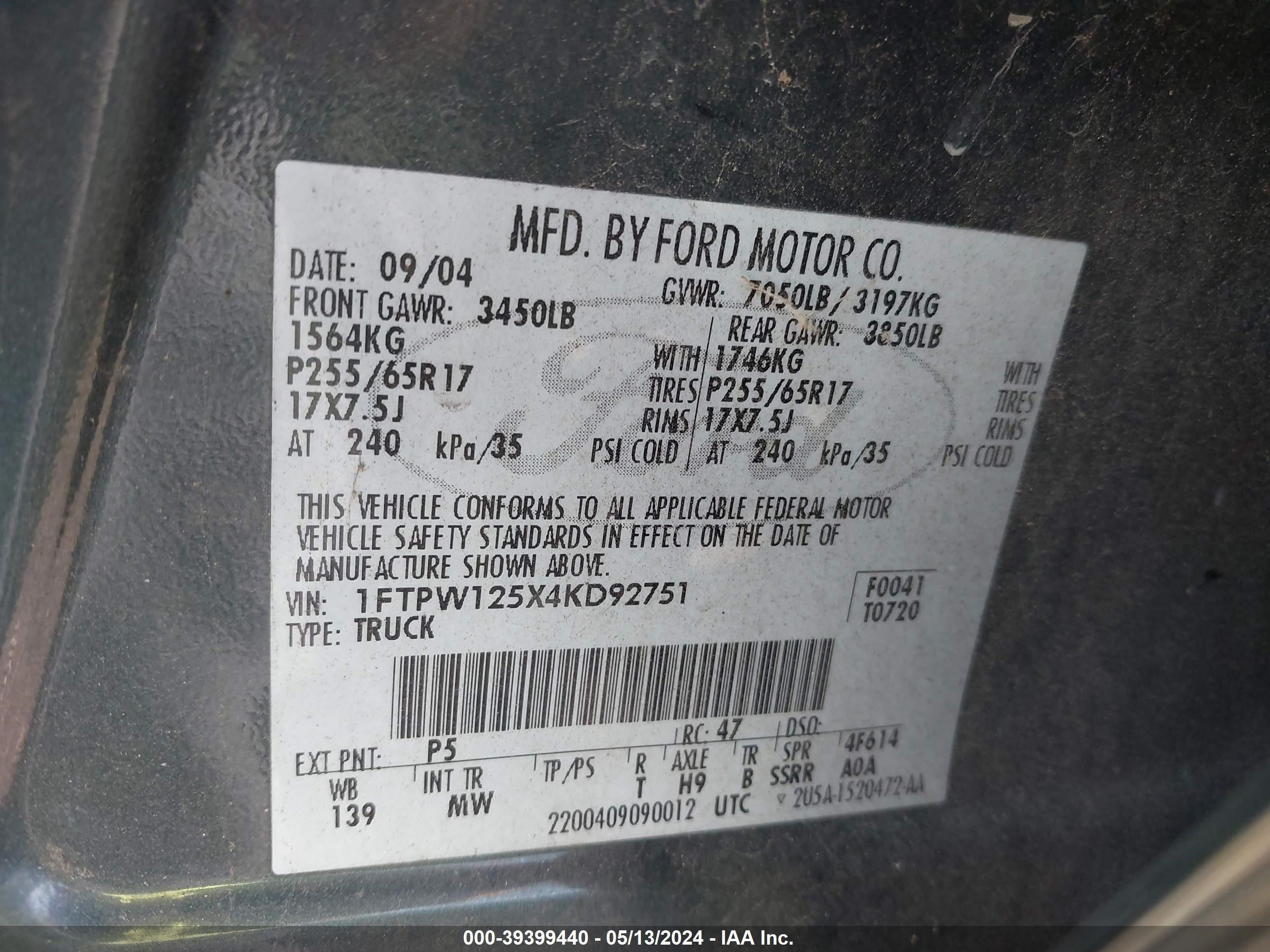 Photo 8 VIN: 1FTPW125X4KD92751 - FORD F-150 