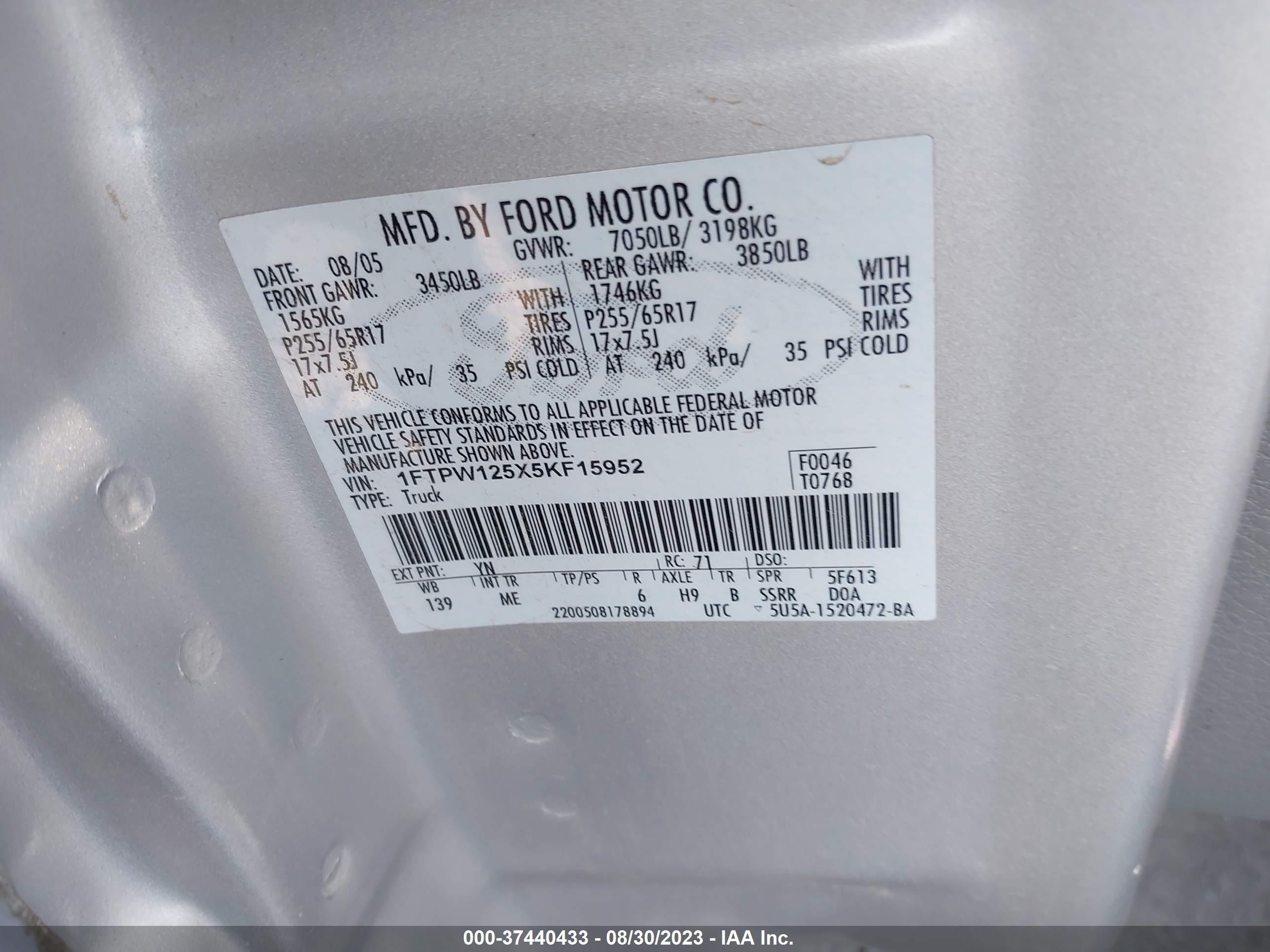 Photo 8 VIN: 1FTPW125X5KF15952 - FORD F-150 