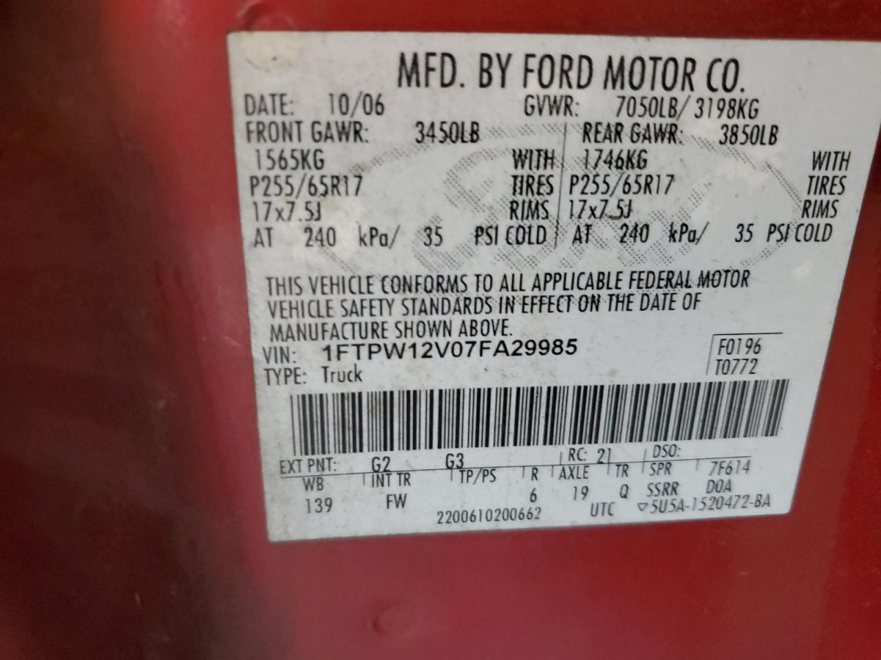 Photo 11 VIN: 1FTPW12V07FA29985 - FORD F-150 