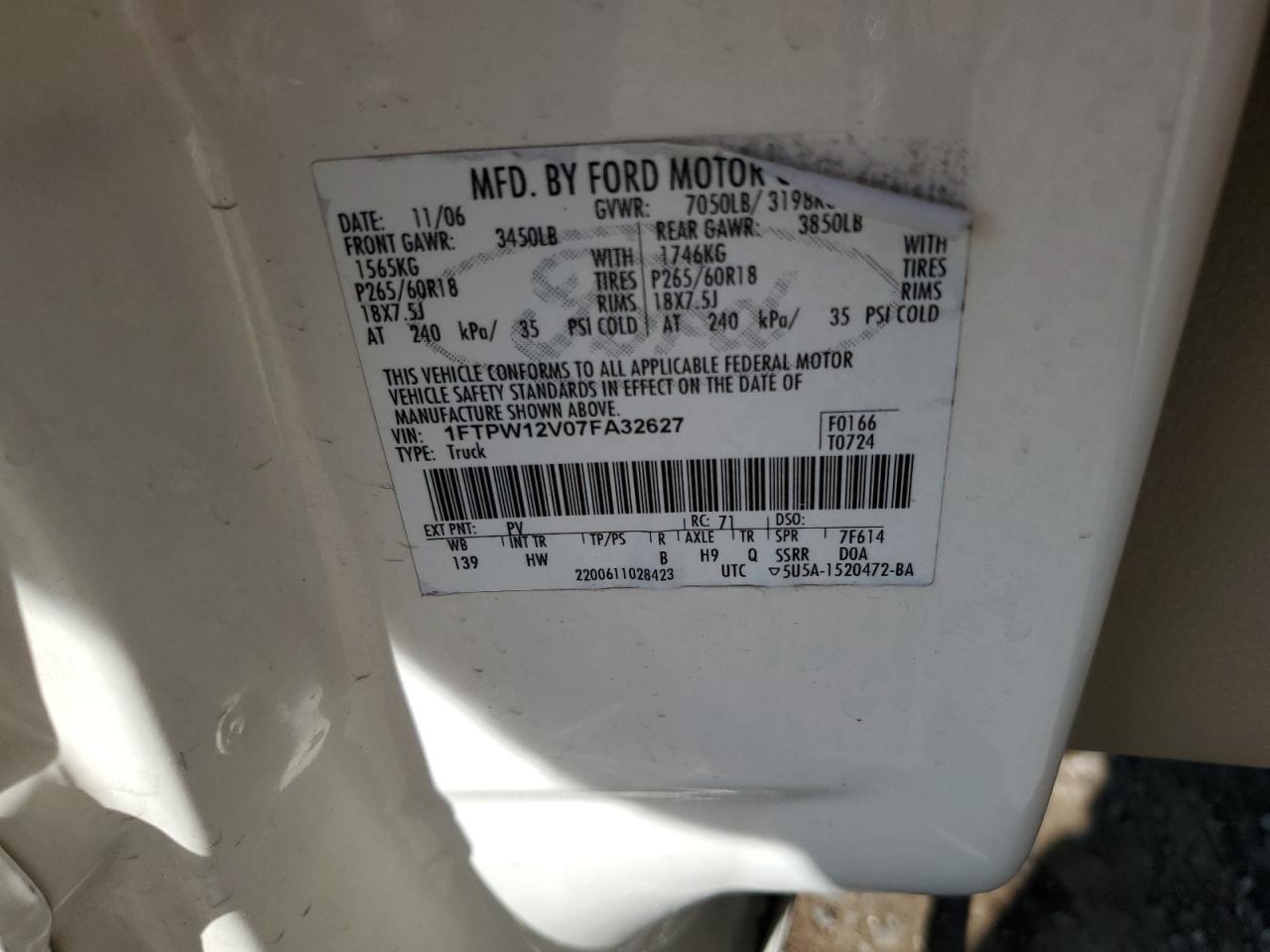 Photo 11 VIN: 1FTPW12V07FA32627 - FORD F-150 