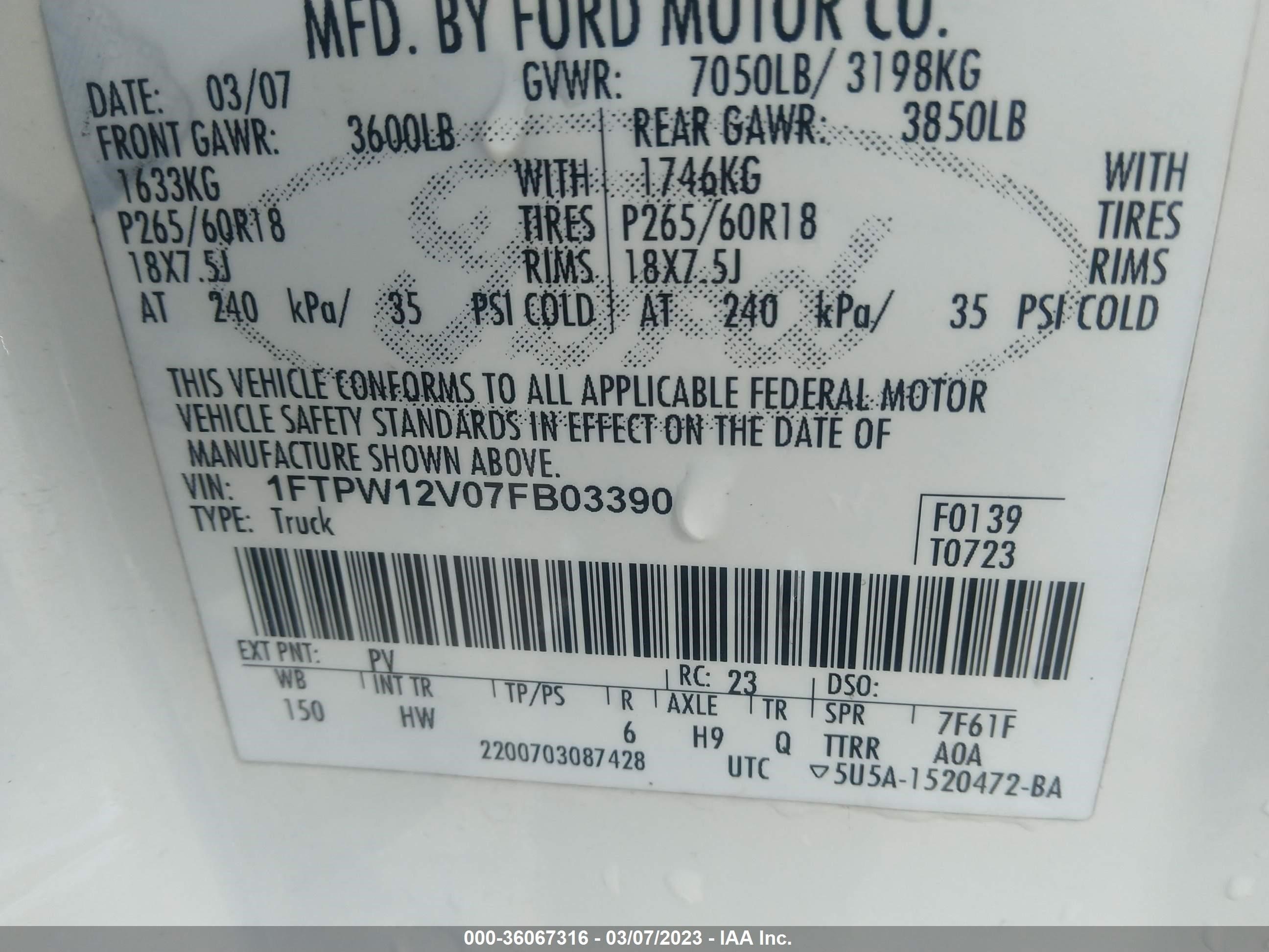 Photo 8 VIN: 1FTPW12V07FB03390 - FORD F-150 