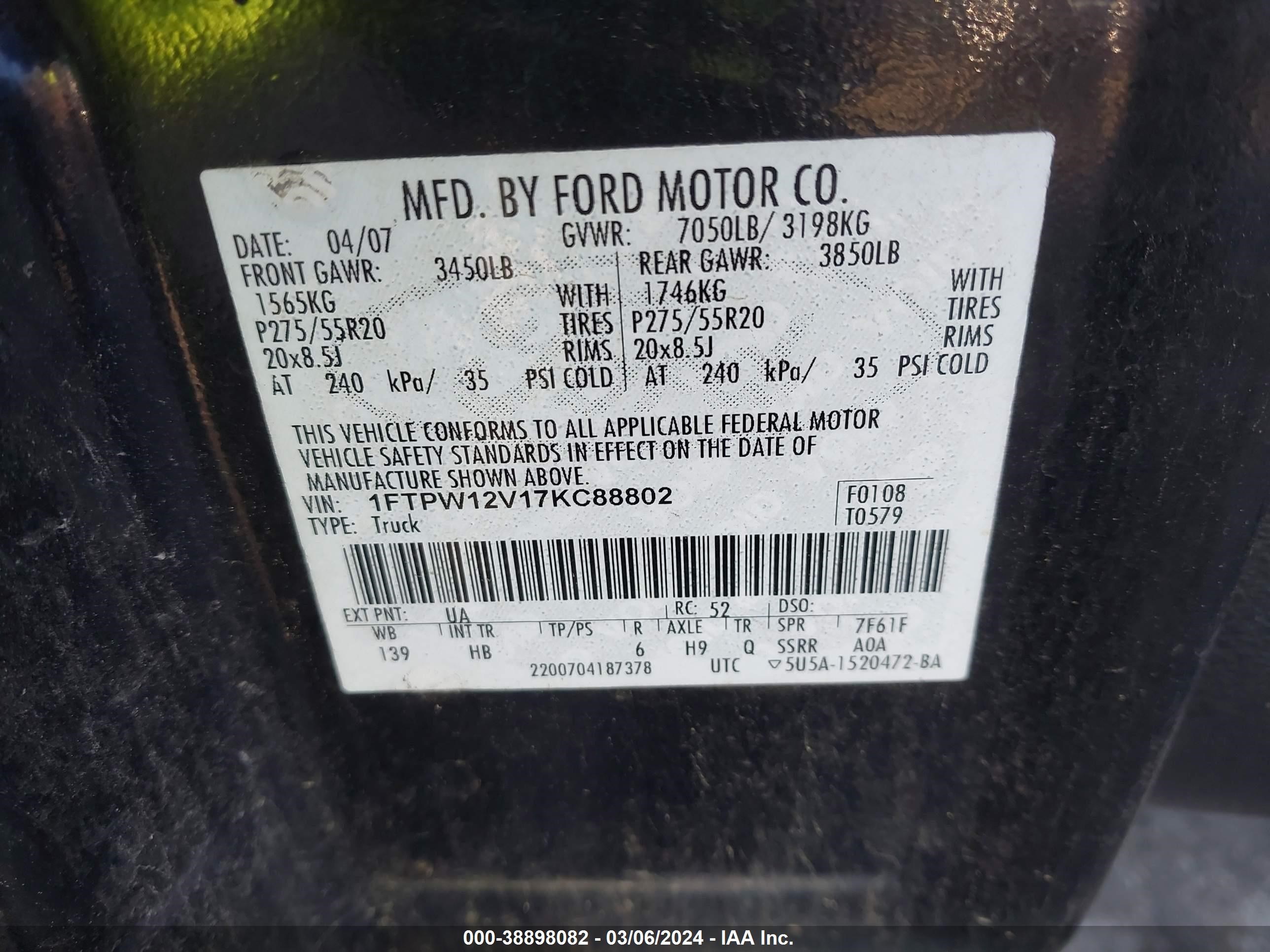 Photo 8 VIN: 1FTPW12V17KC88802 - FORD F-150 