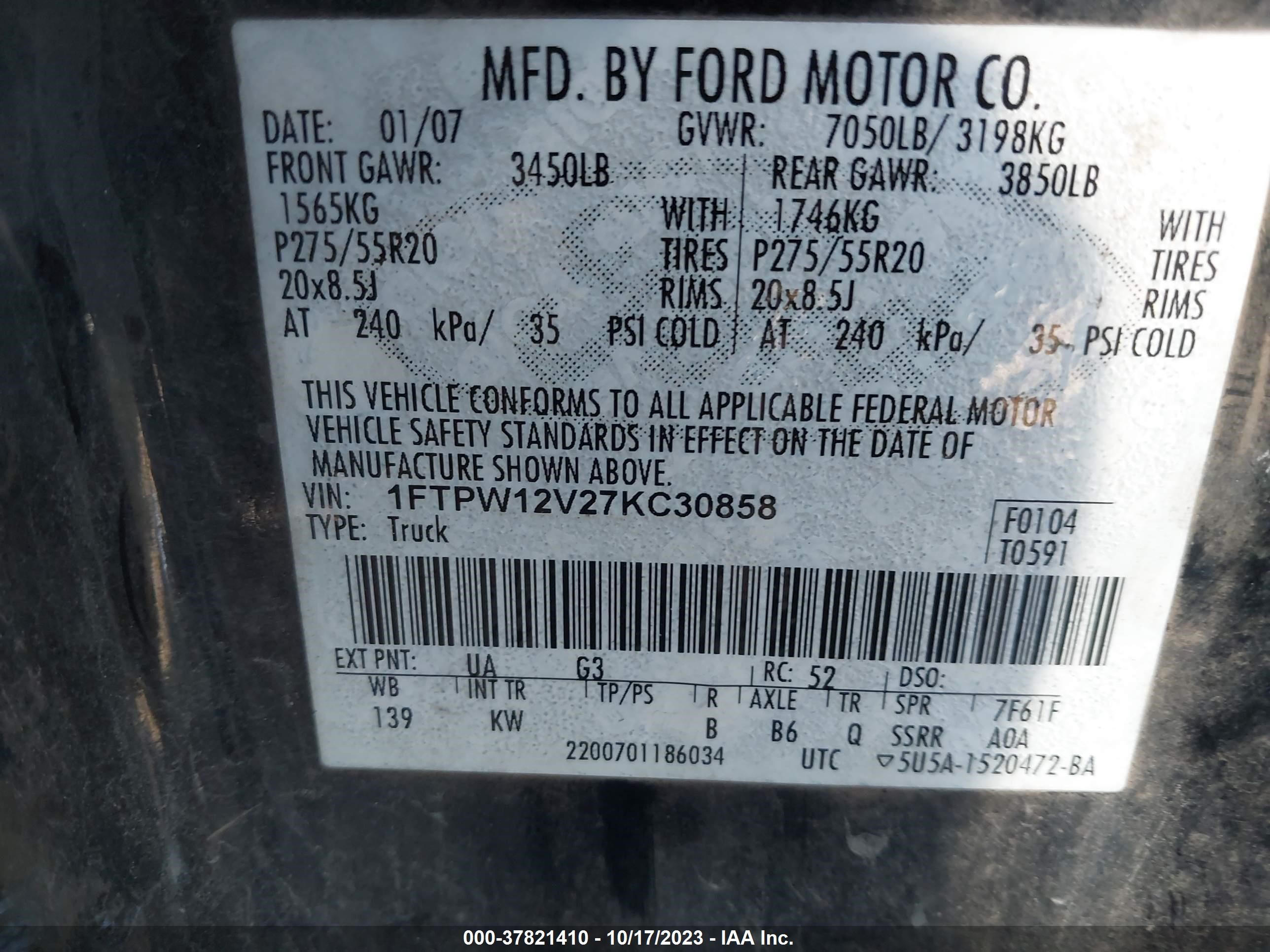 Photo 8 VIN: 1FTPW12V27KC30858 - FORD F-150 