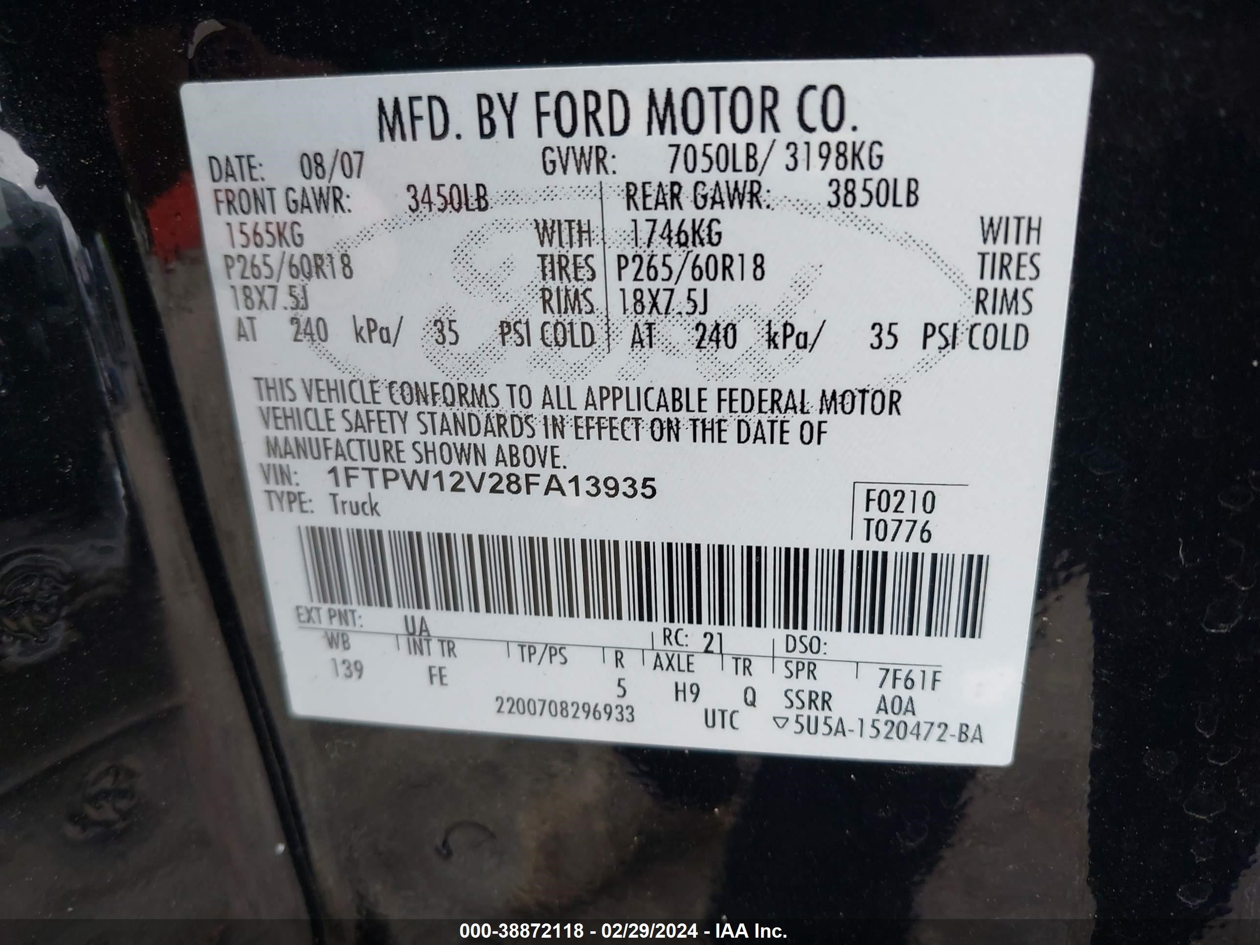 Photo 8 VIN: 1FTPW12V28FA13935 - FORD F-150 