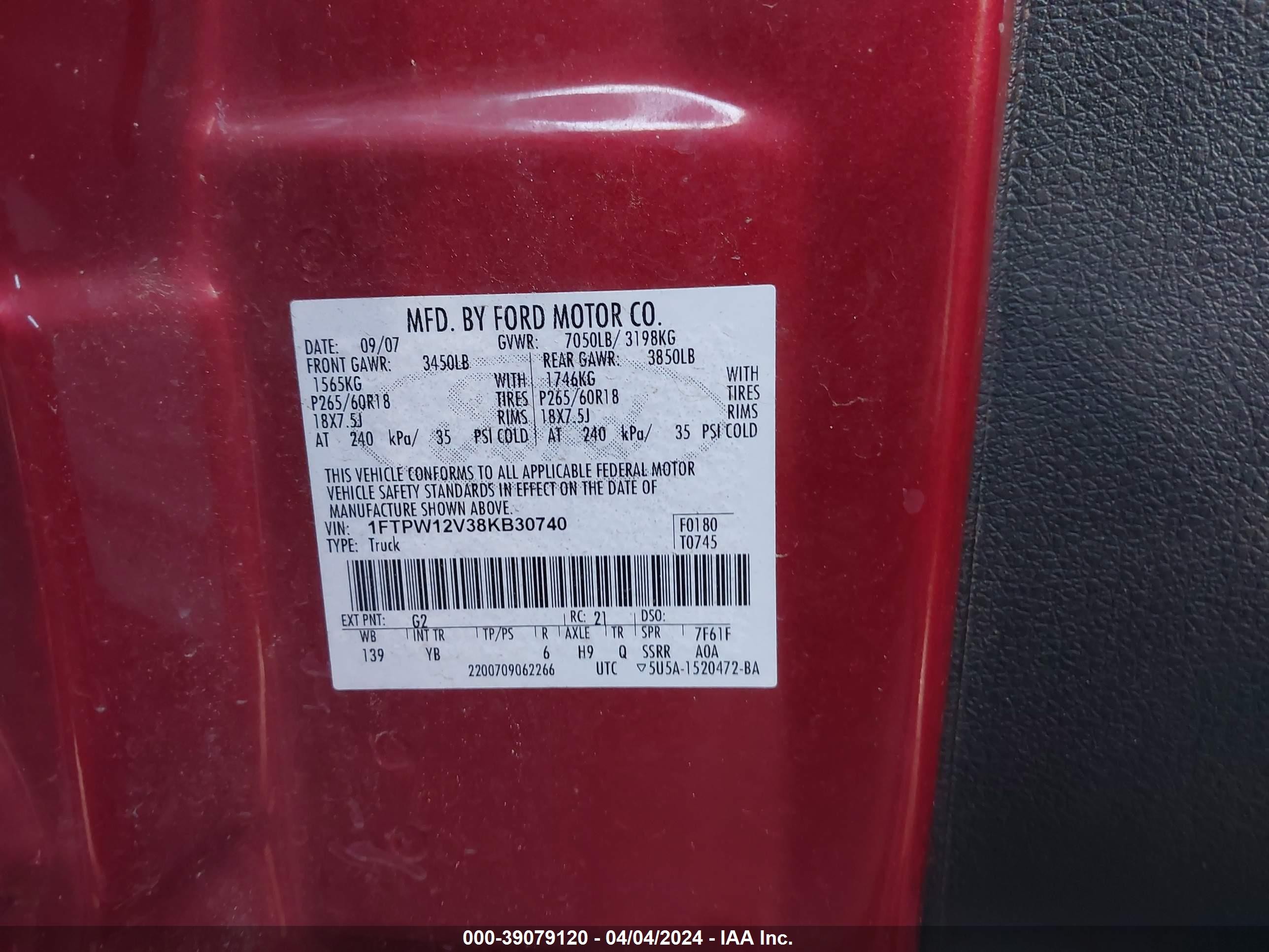 Photo 8 VIN: 1FTPW12V38KB30740 - FORD F-150 