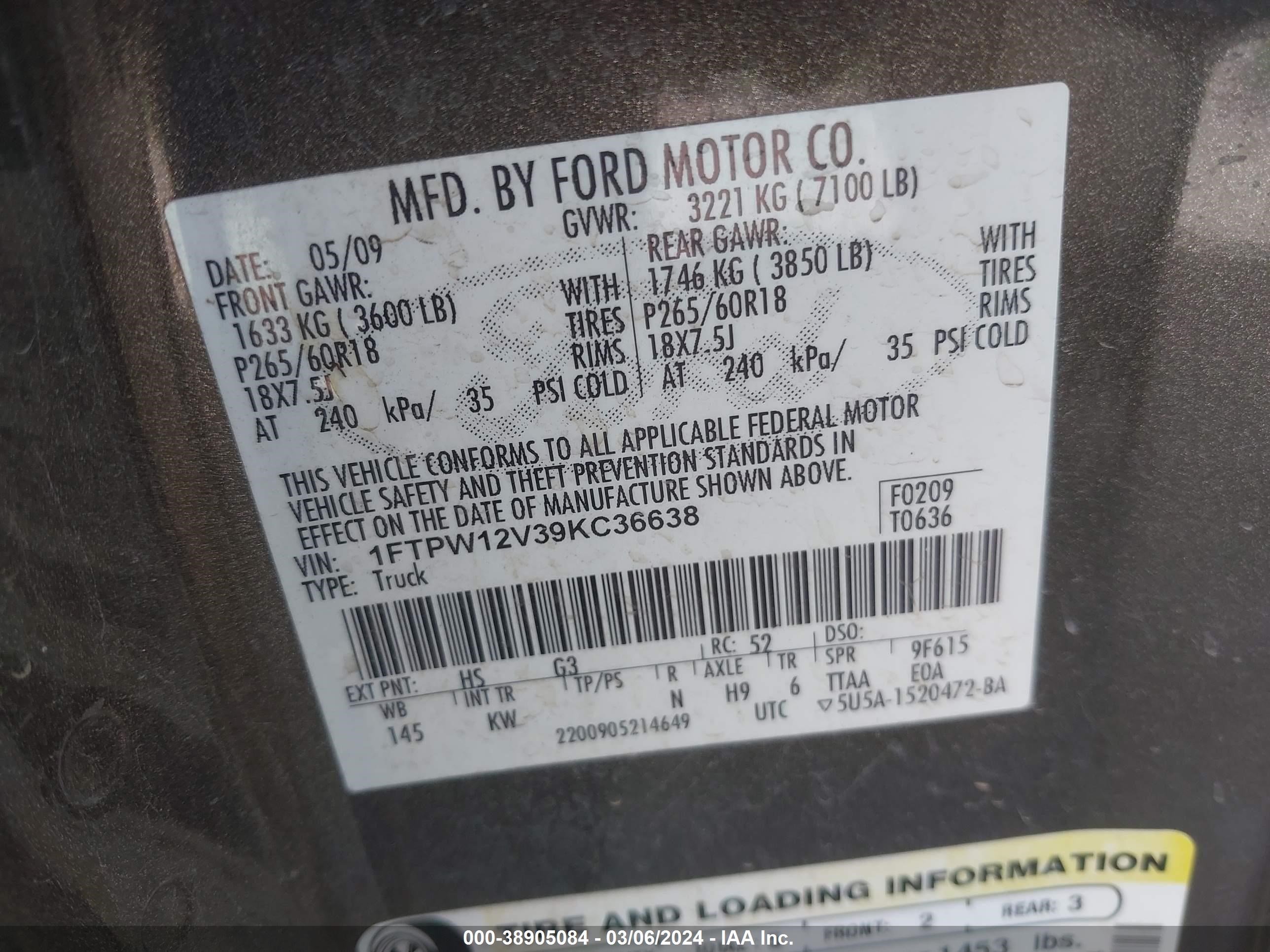 Photo 8 VIN: 1FTPW12V39KC36638 - FORD F-150 