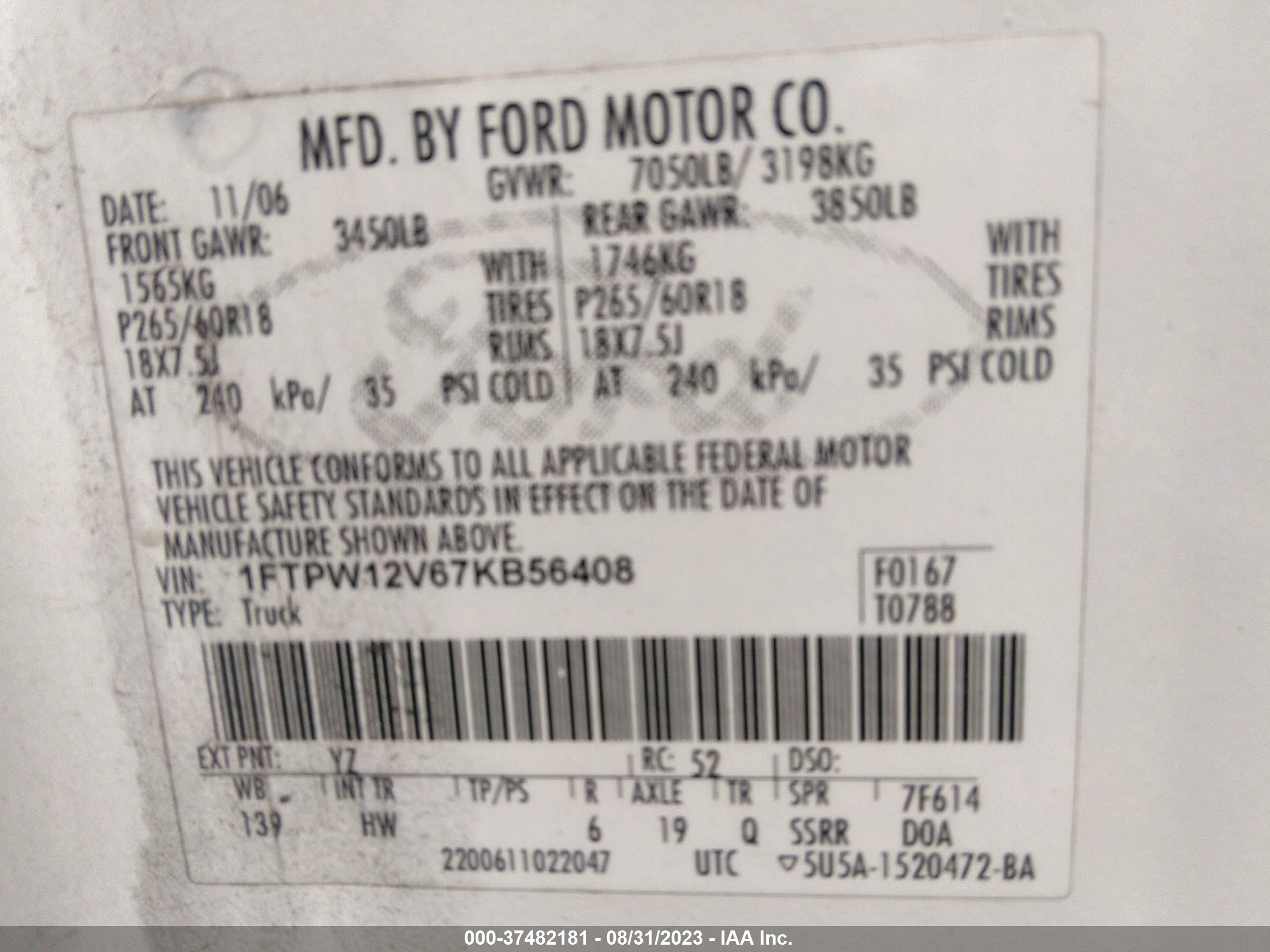 Photo 8 VIN: 1FTPW12V67KB56408 - FORD F-150 