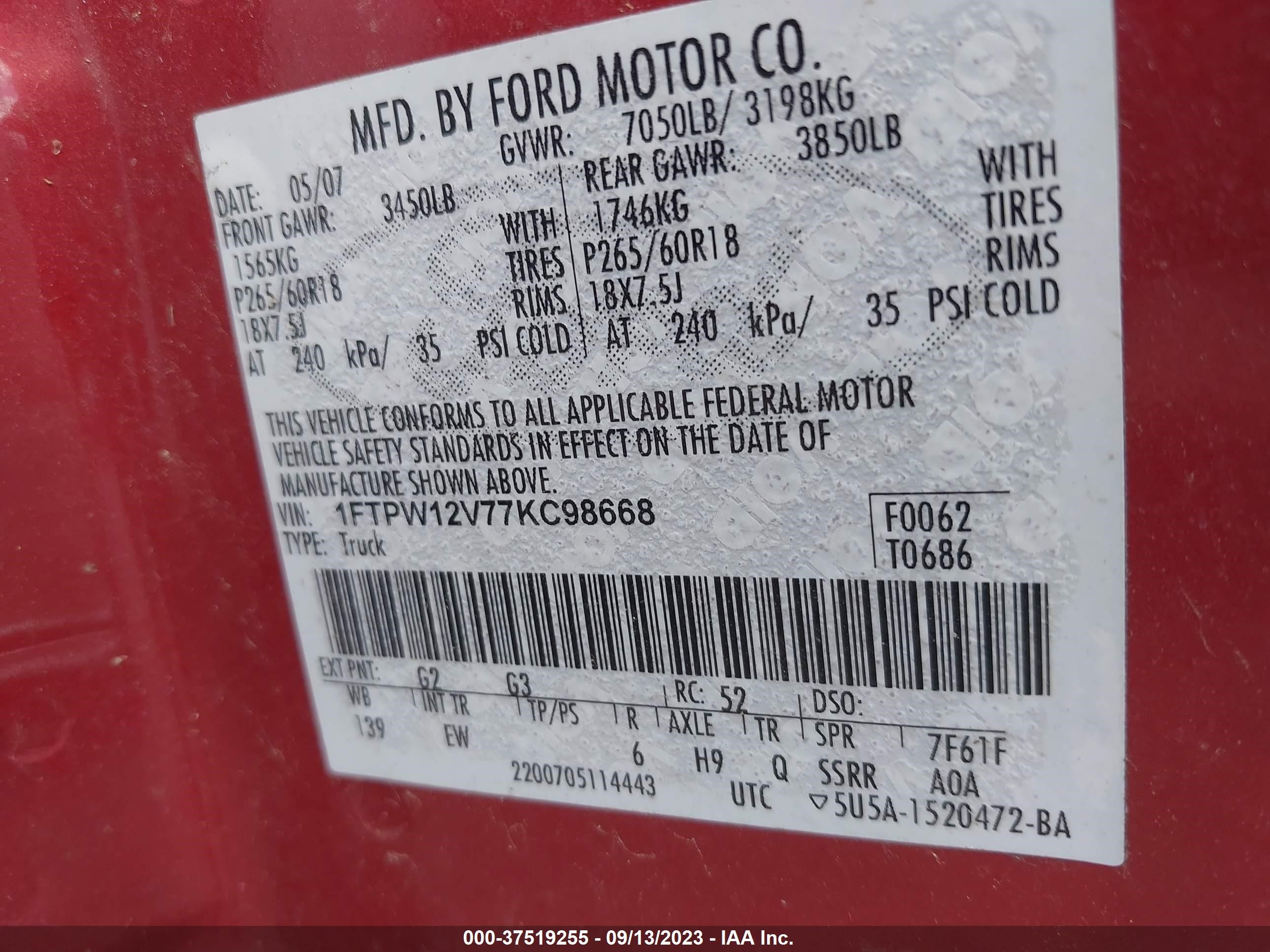 Photo 8 VIN: 1FTPW12V77KC98668 - FORD F-150 