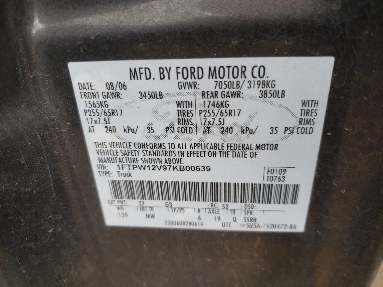 Photo 11 VIN: 1FTPW12V97KB00639 - FORD F150 SUPER 