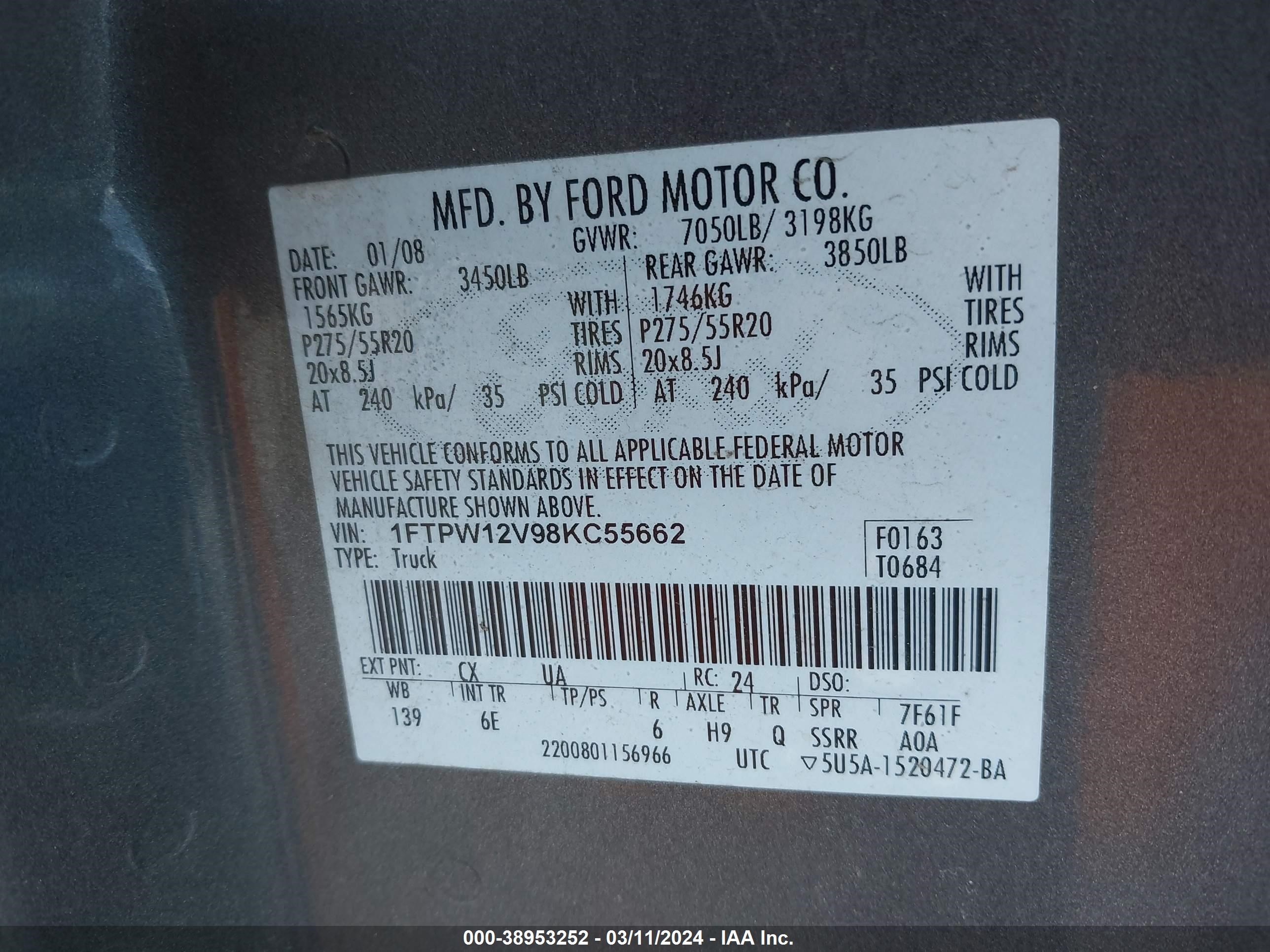 Photo 8 VIN: 1FTPW12V98KC55662 - FORD F-150 