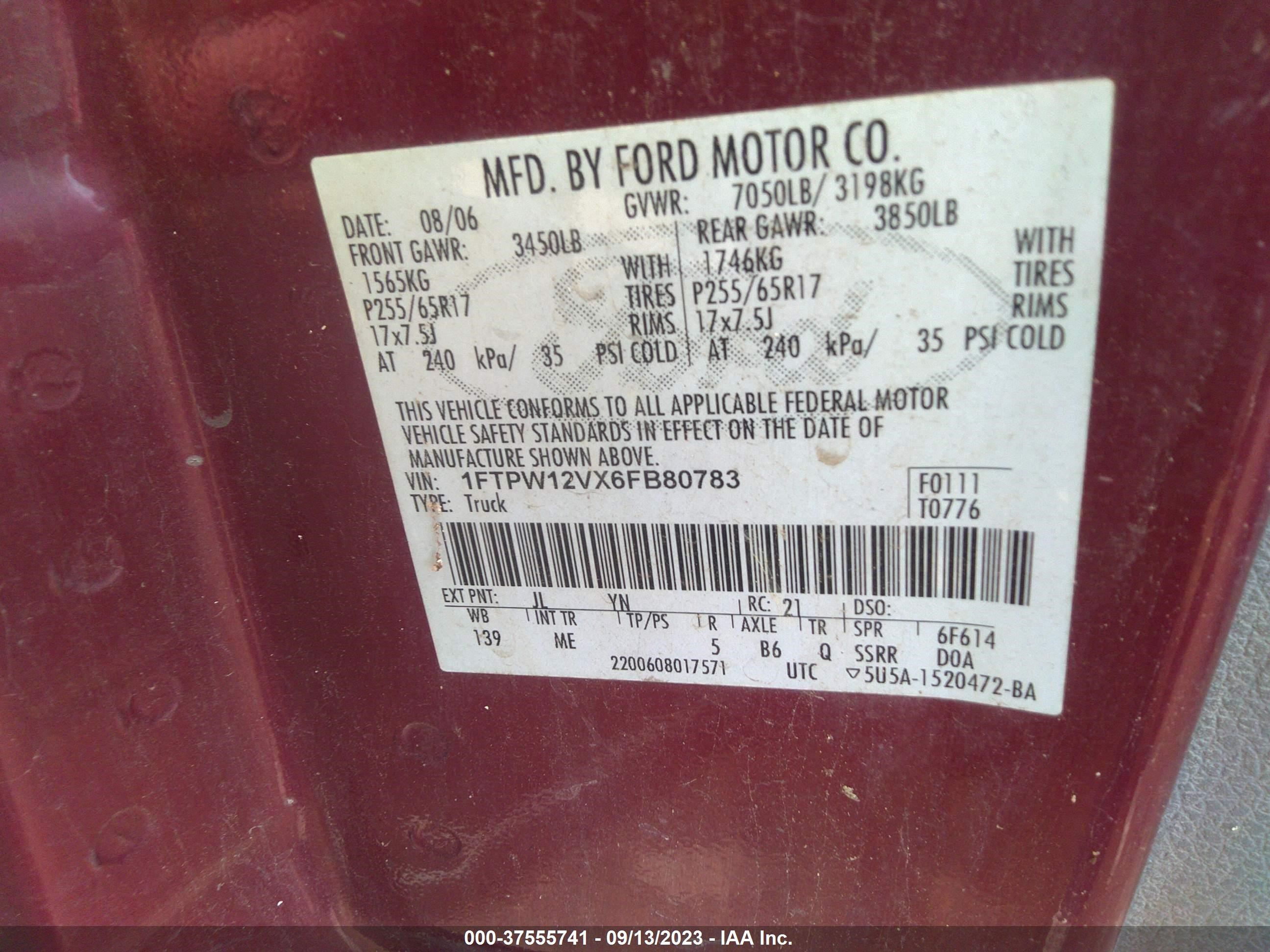 Photo 8 VIN: 1FTPW12VX6FB80783 - FORD F-150 