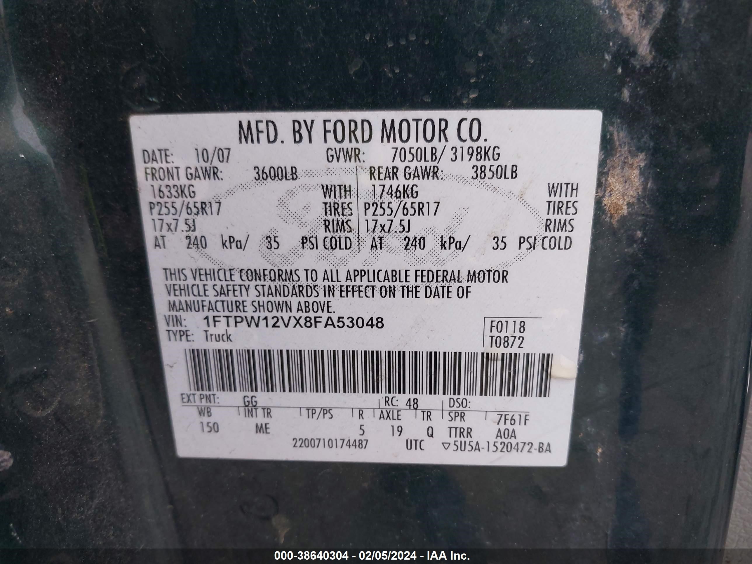 Photo 8 VIN: 1FTPW12VX8FA53048 - FORD F-150 