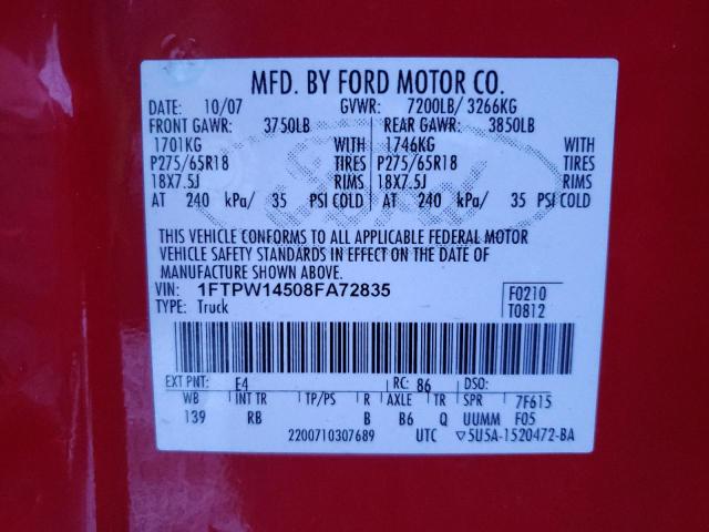 Photo 11 VIN: 1FTPW14508FA72835 - FORD F-150 