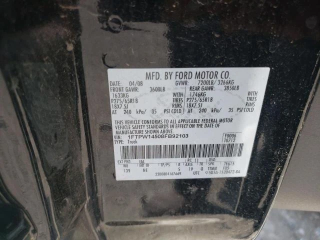 Photo 11 VIN: 1FTPW14508FB92103 - FORD F150 SUPER 