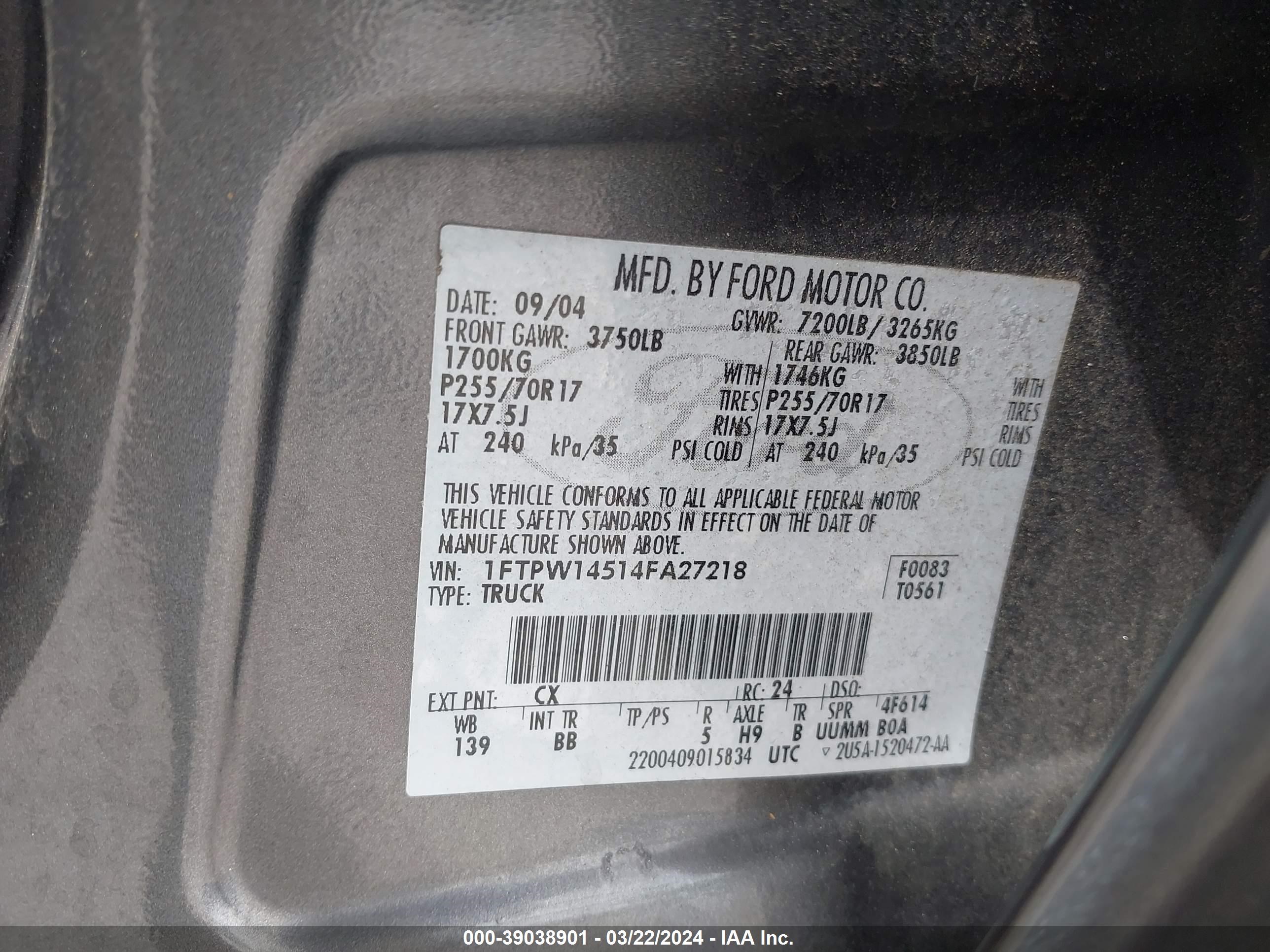 Photo 8 VIN: 1FTPW14514FA27218 - FORD F-150 