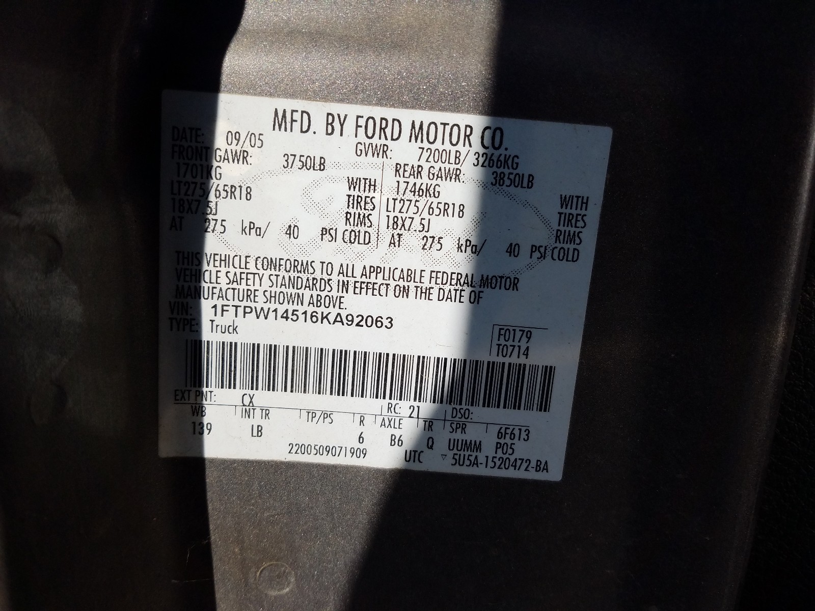 Photo 9 VIN: 1FTPW14516KA92063 - FORD F150 SUPER 