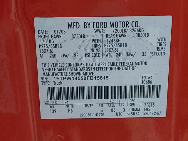 Photo 11 VIN: 1FTPW14558FB15615 - FORD F150 SUPER 