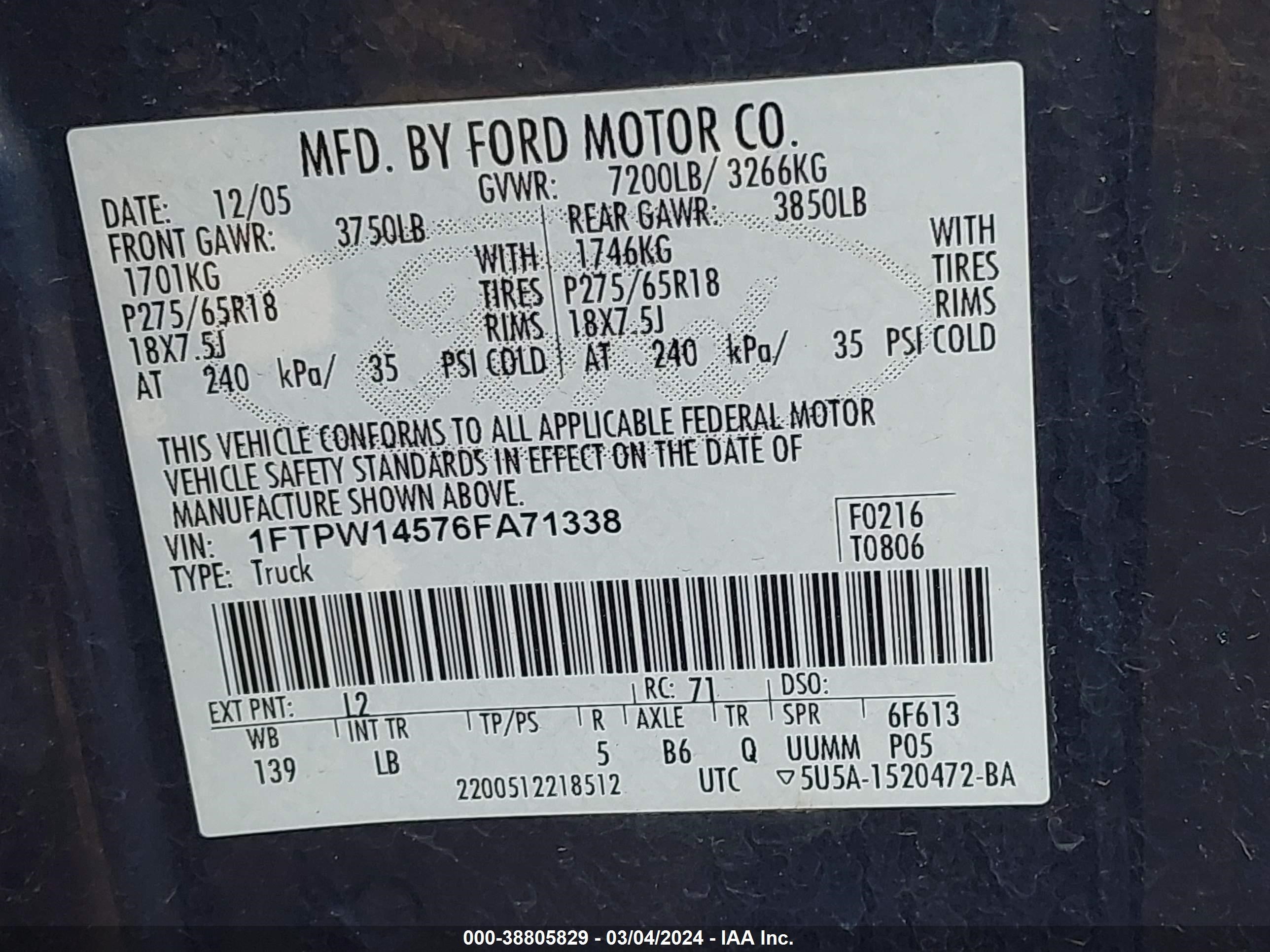 Photo 8 VIN: 1FTPW14576FA71338 - FORD F-150 