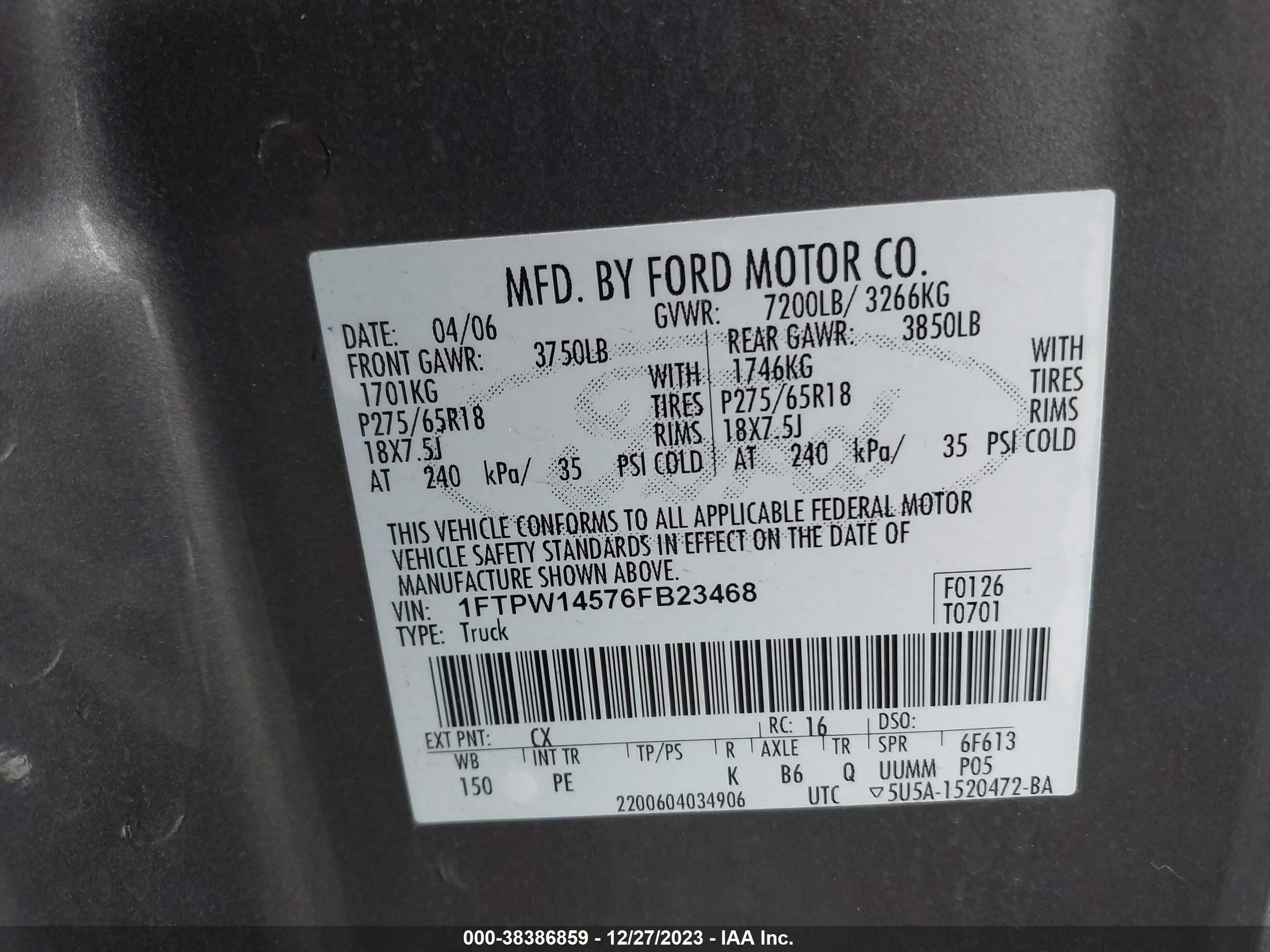 Photo 8 VIN: 1FTPW14576FB23468 - FORD F-150 