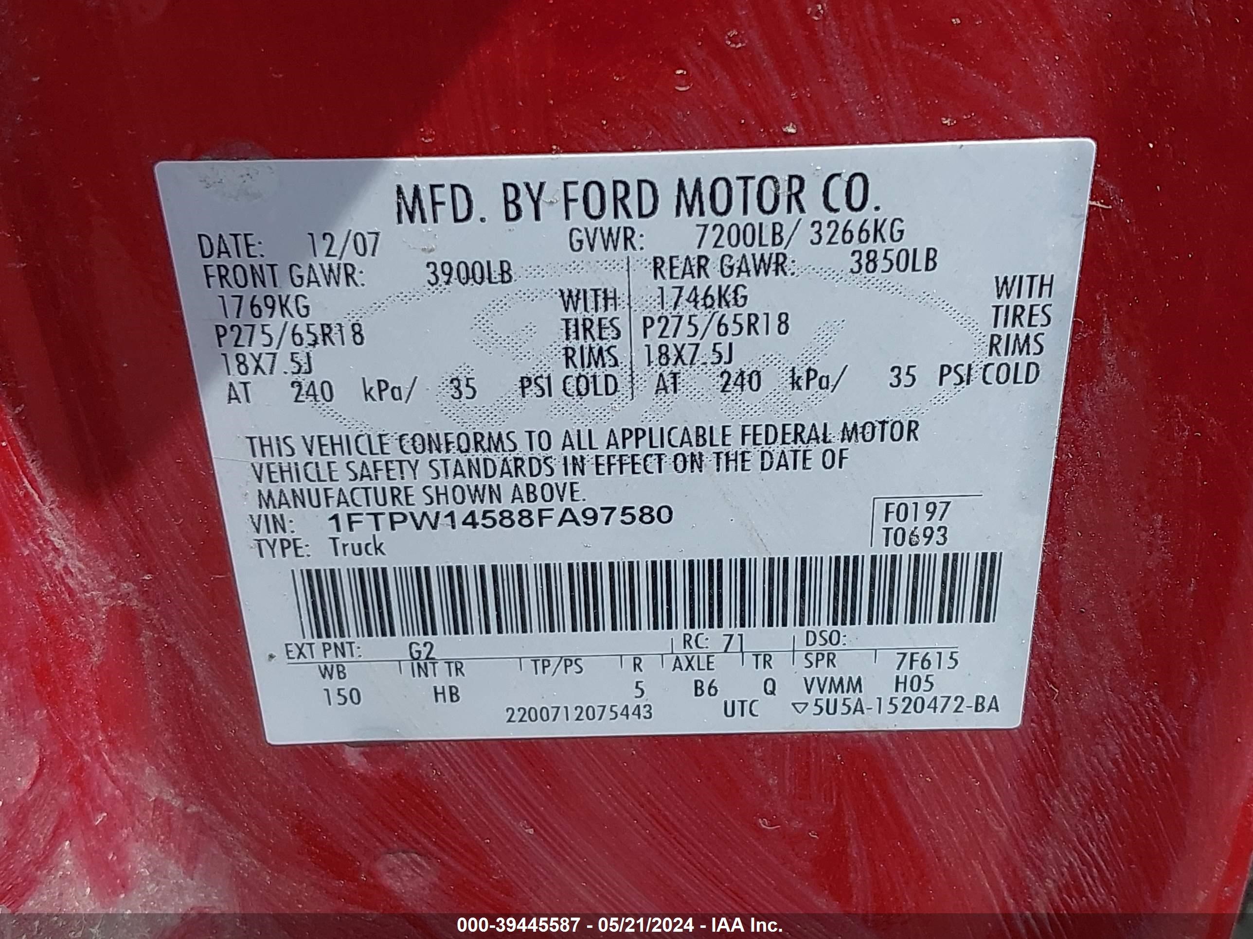 Photo 8 VIN: 1FTPW14588FA97580 - FORD F-150 