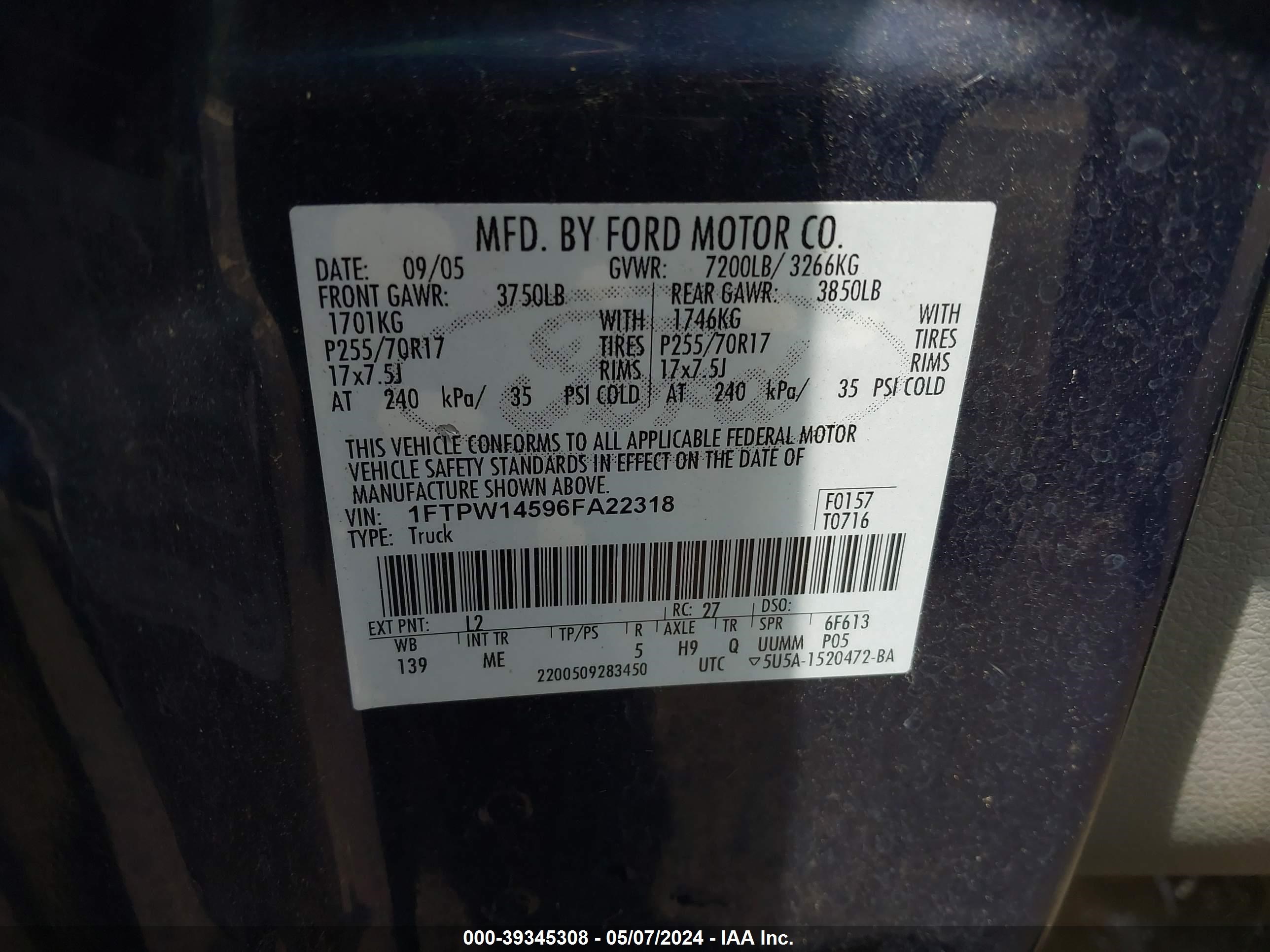 Photo 8 VIN: 1FTPW14596FA22318 - FORD F-150 