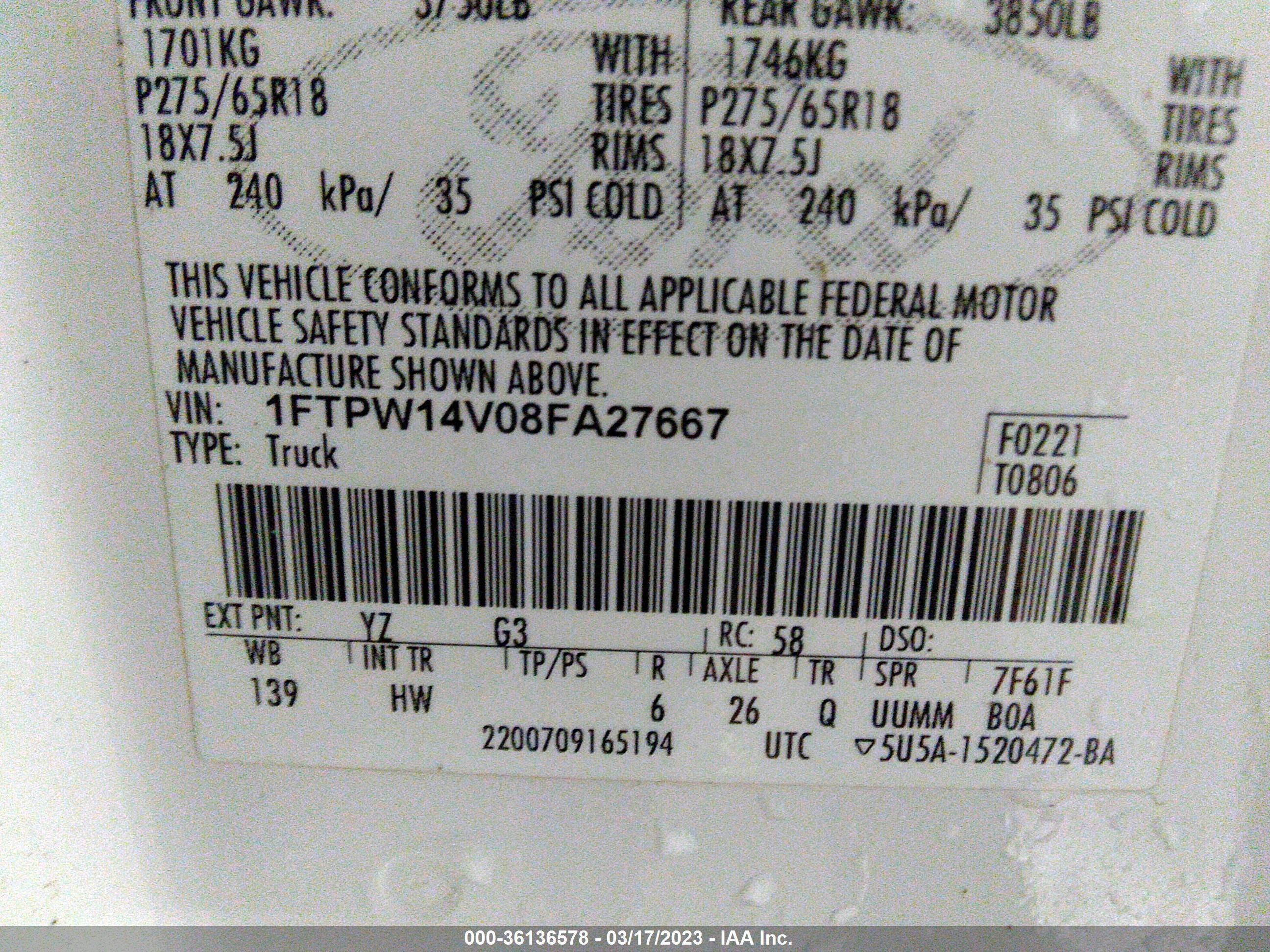 Photo 8 VIN: 1FTPW14V08FA27667 - FORD F-150 