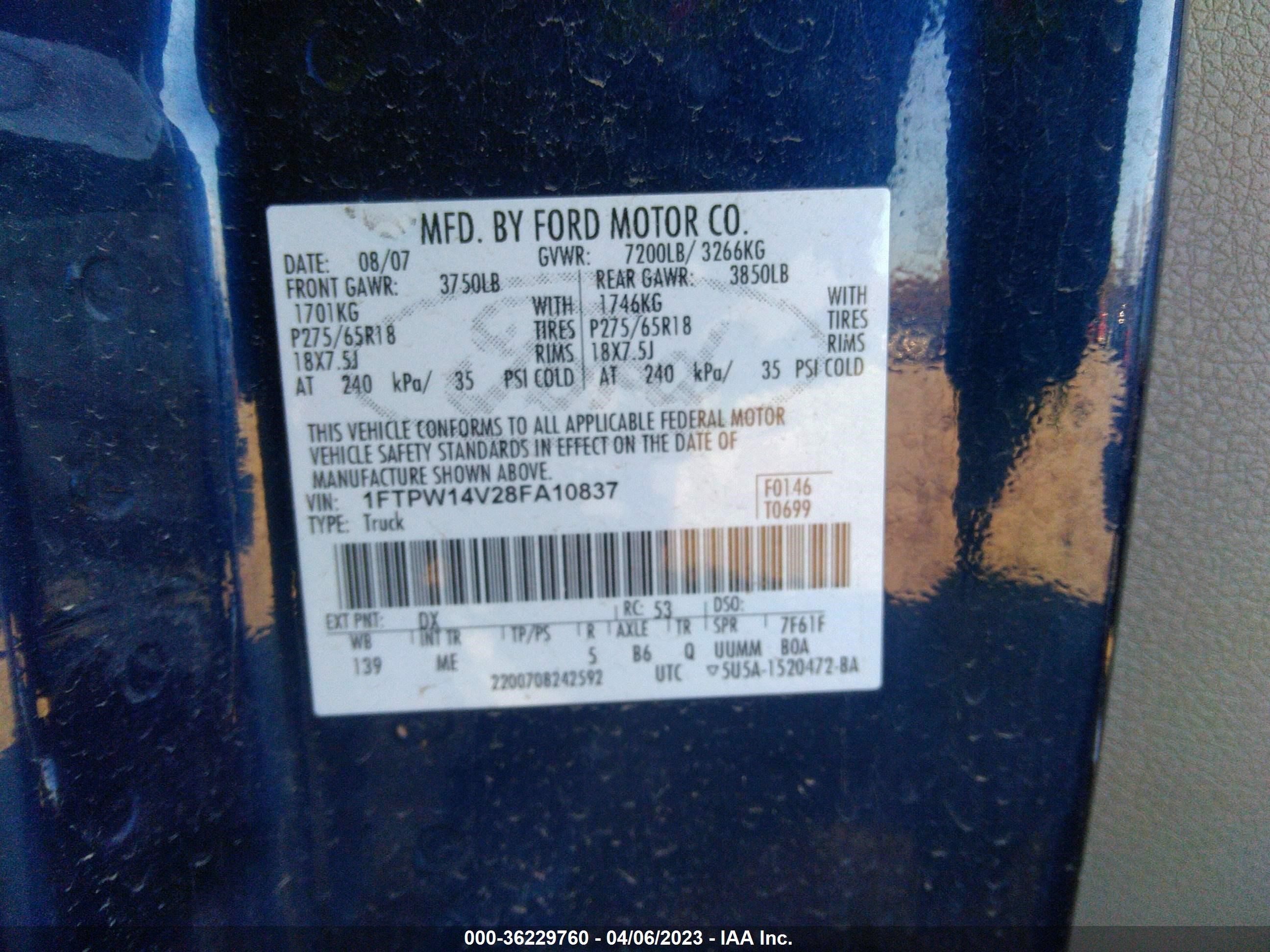 Photo 8 VIN: 1FTPW14V28SA10837 - FORD F-150 