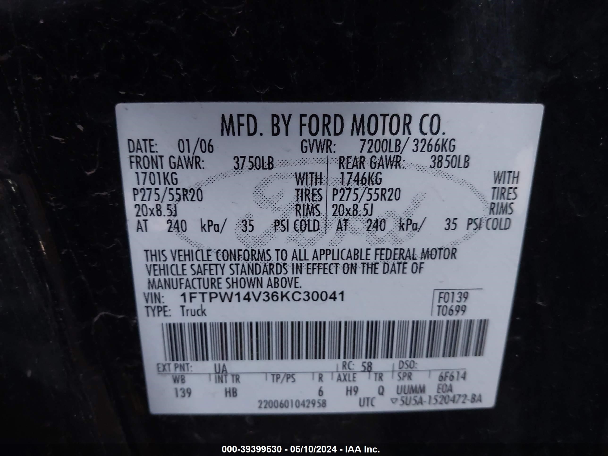 Photo 8 VIN: 1FTPW14V36KC30041 - FORD F-150 