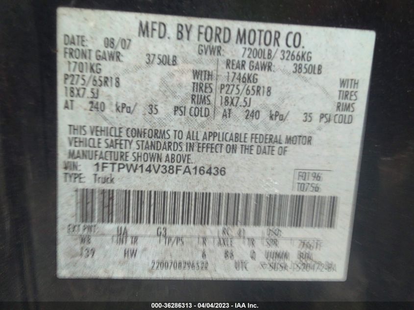 Photo 8 VIN: 1FTPW14V38FA16436 - FORD F-150 