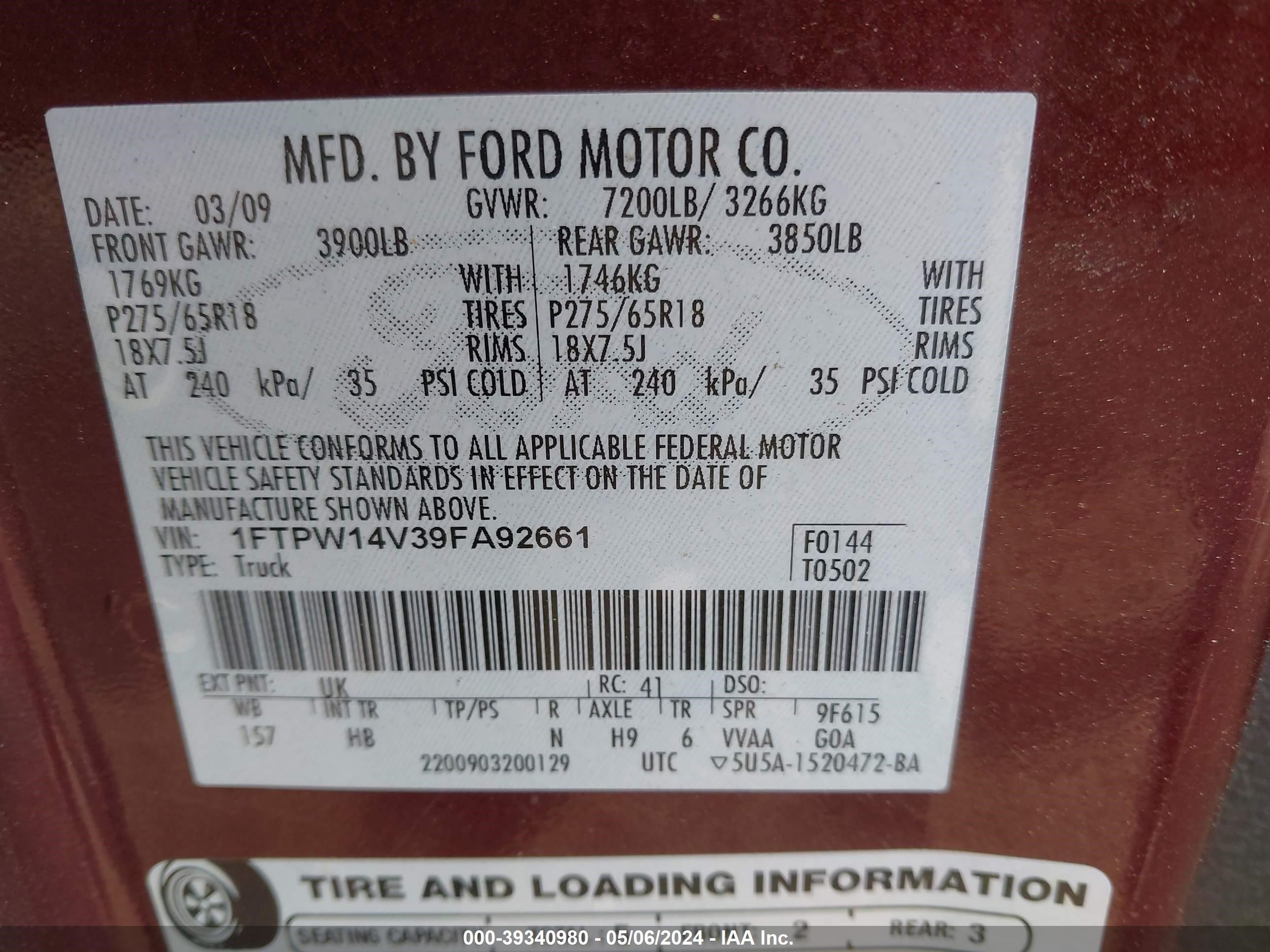 Photo 8 VIN: 1FTPW14V39FA92661 - FORD F-150 