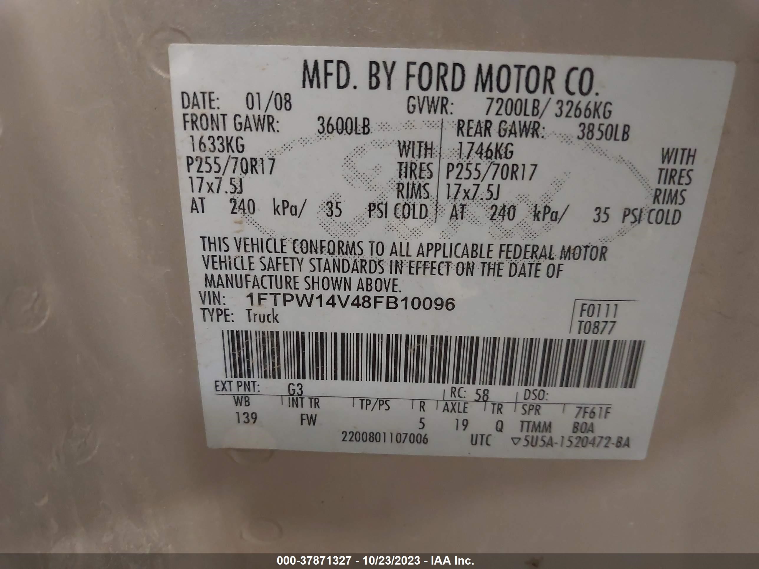 Photo 8 VIN: 1FTPW14V48FB10096 - FORD F-150 