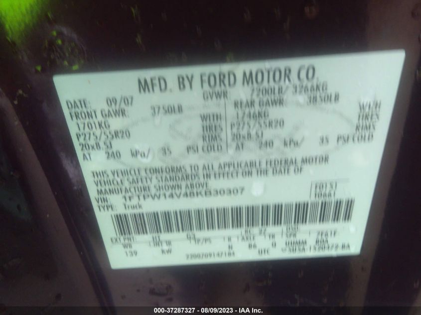 Photo 8 VIN: 1FTPW14V48KB30307 - FORD F-150 