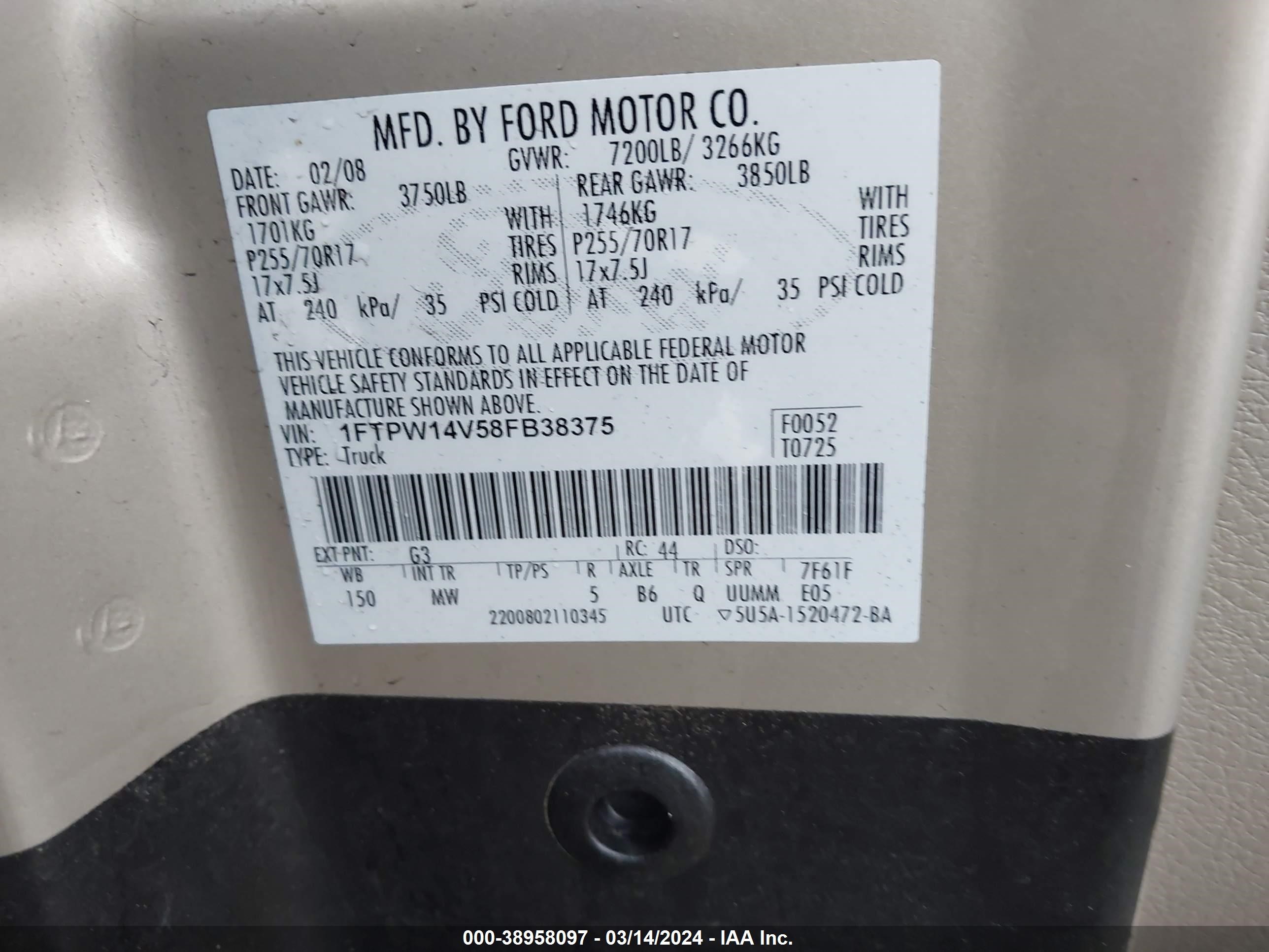 Photo 8 VIN: 1FTPW14V58FB38375 - FORD F-150 