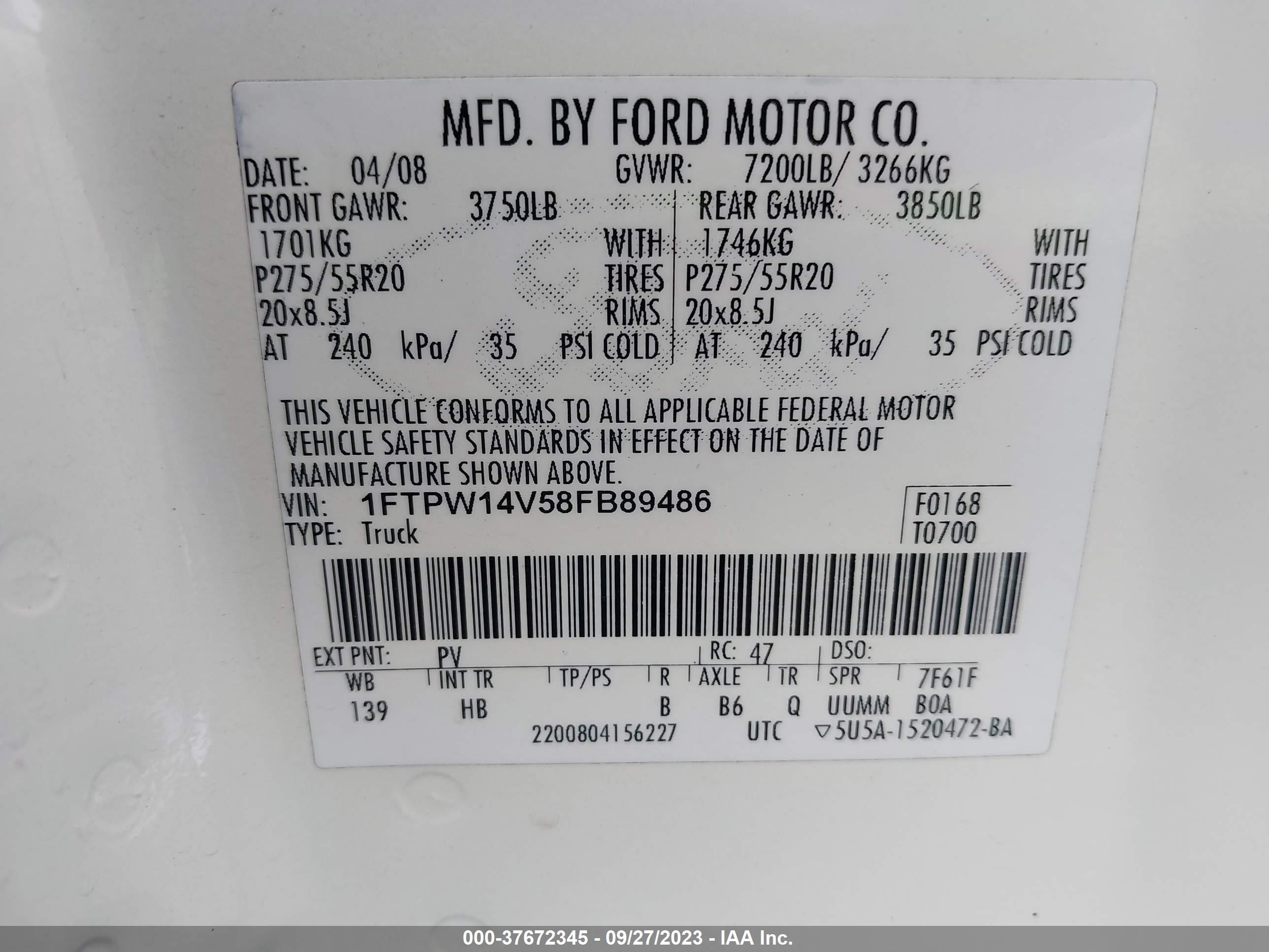 Photo 8 VIN: 1FTPW14V58FB89486 - FORD F-150 