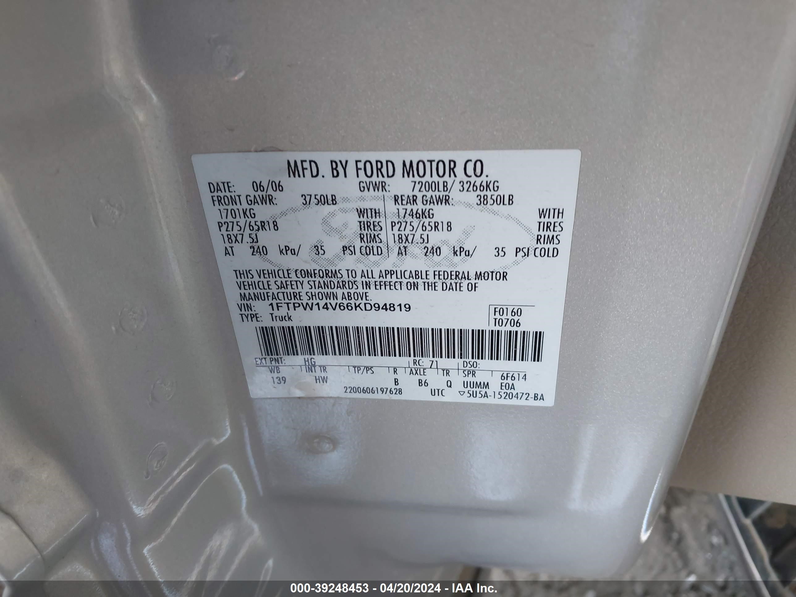 Photo 8 VIN: 1FTPW14V66KD94819 - FORD F-150 