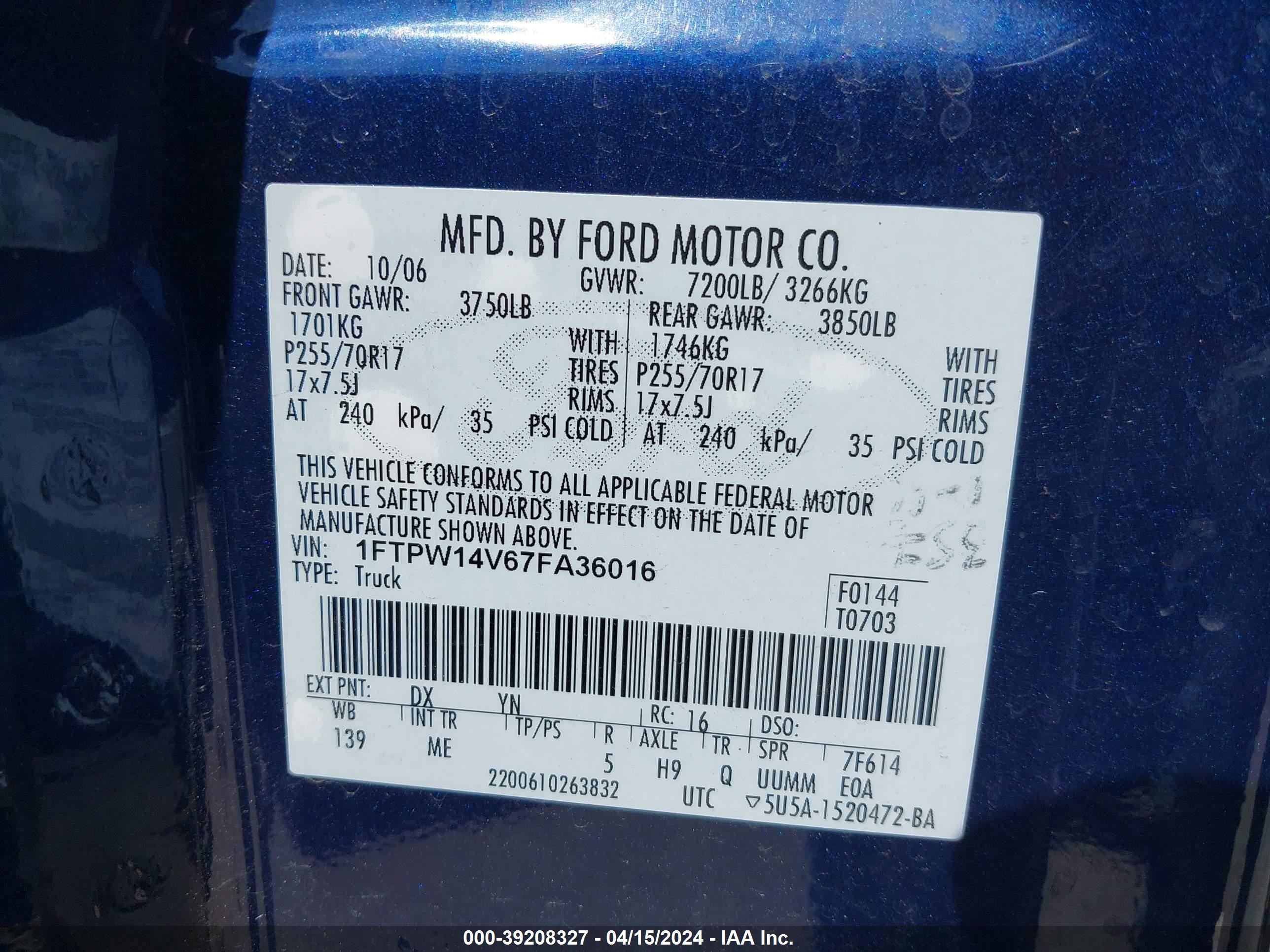 Photo 8 VIN: 1FTPW14V67FA36016 - FORD F-150 