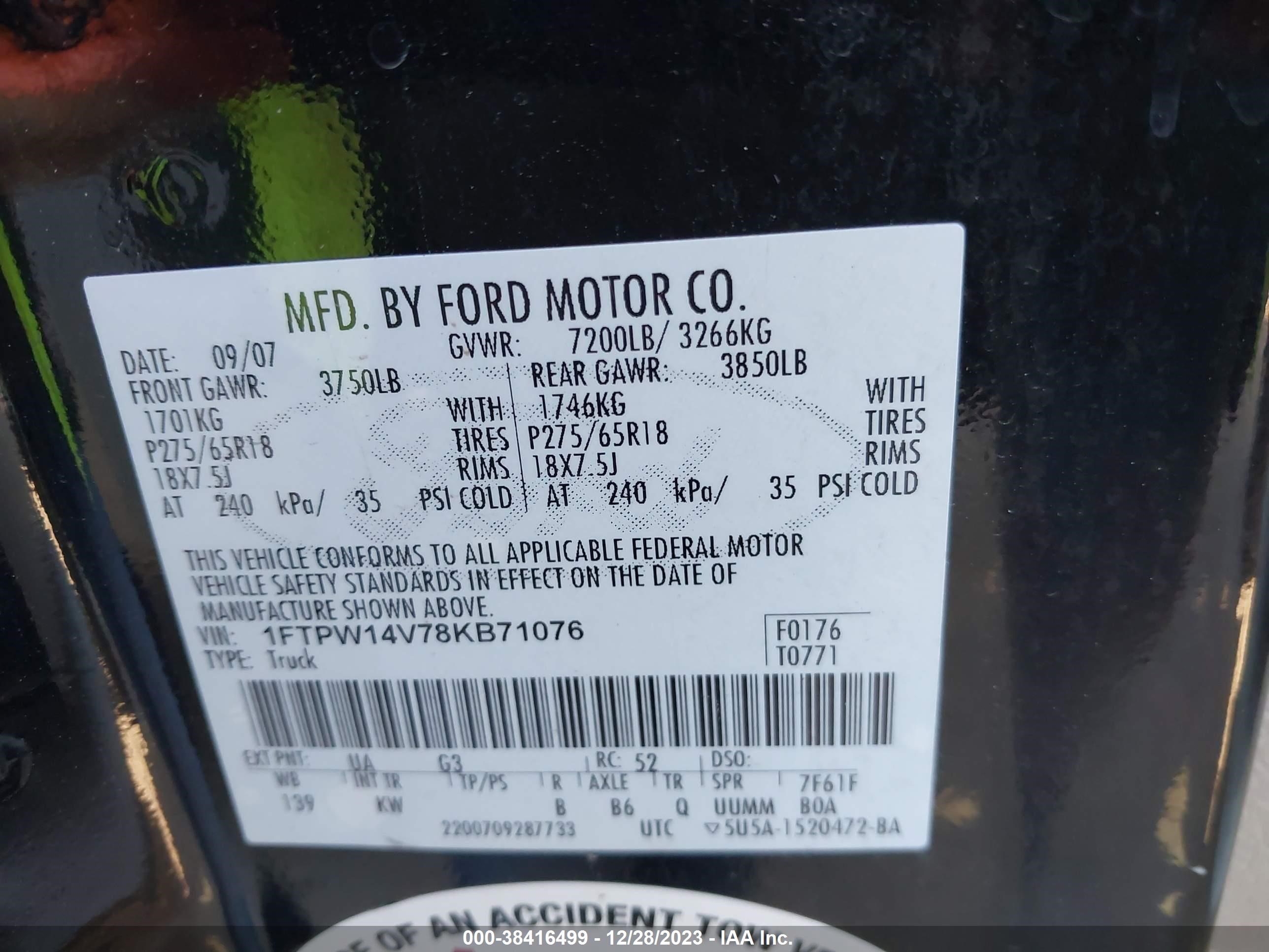 Photo 8 VIN: 1FTPW14V78KB71076 - FORD F-150 