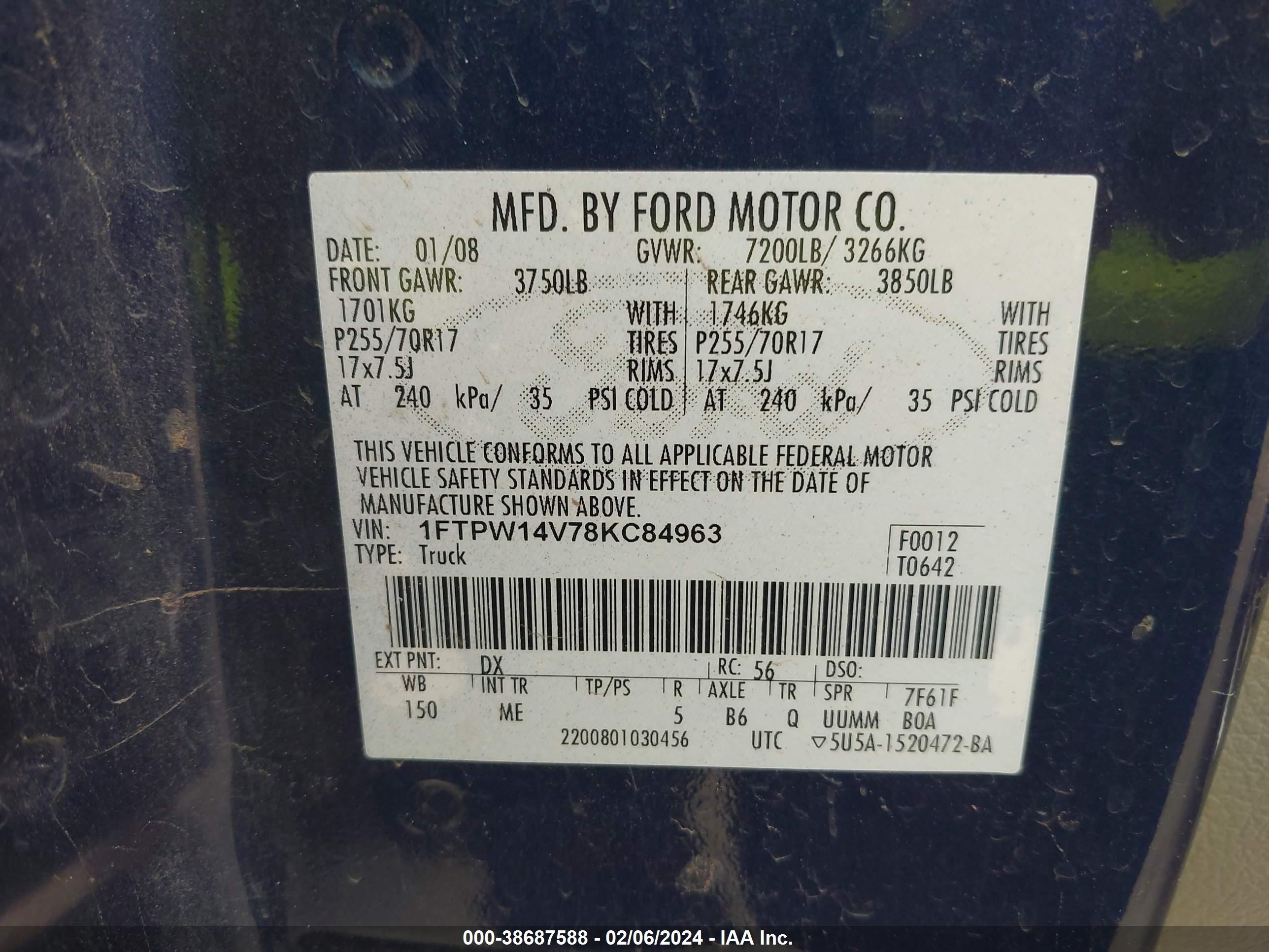 Photo 8 VIN: 1FTPW14V78KC84963 - FORD F-150 