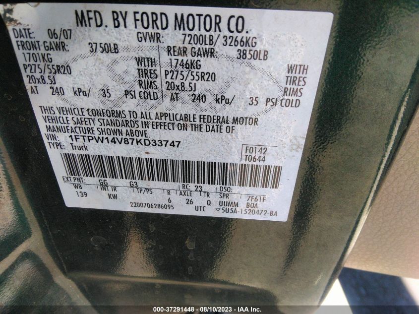 Photo 8 VIN: 1FTPW14V87KD33747 - FORD F-150 