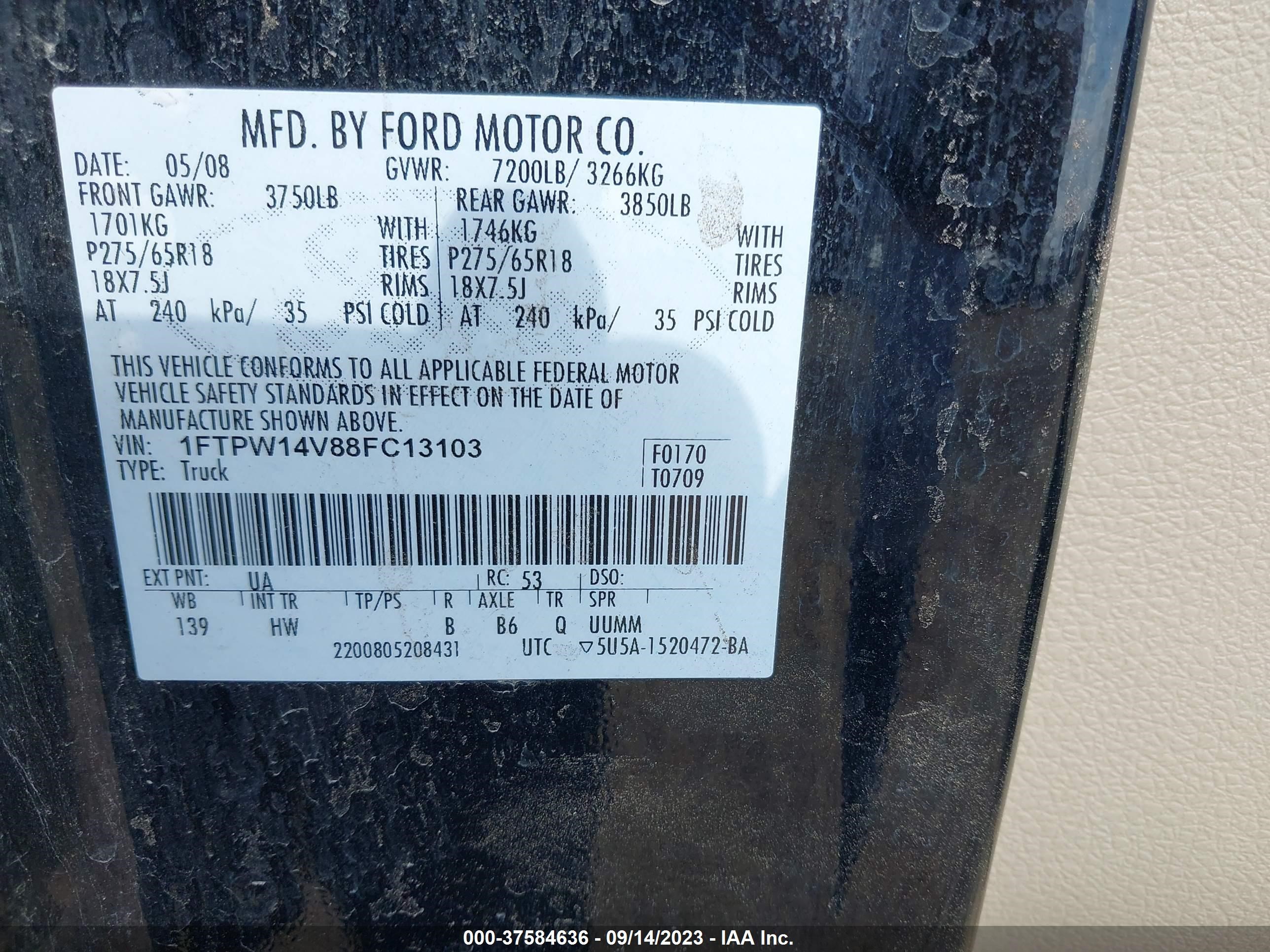 Photo 8 VIN: 1FTPW14V88FC13103 - FORD F-150 