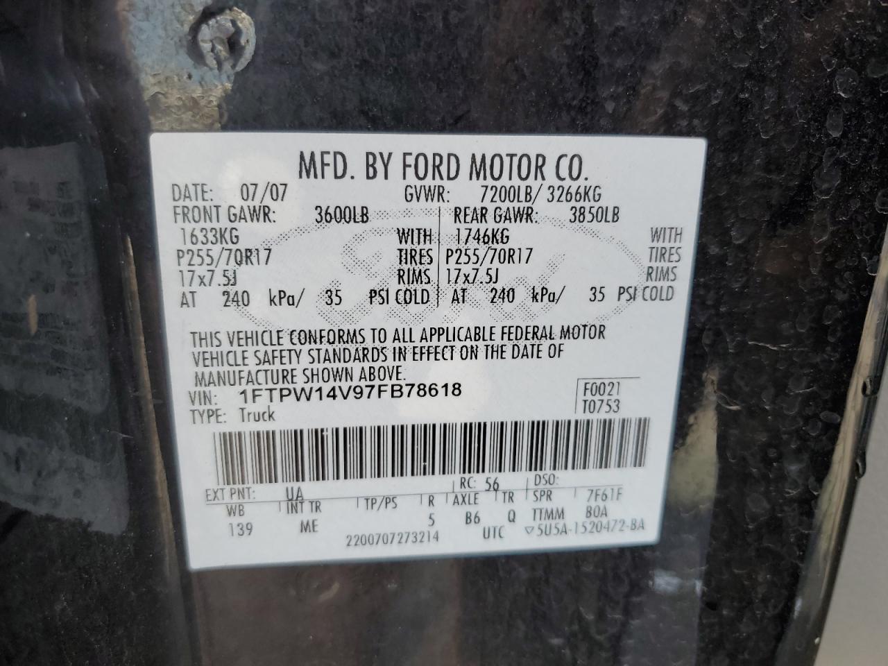 Photo 12 VIN: 1FTPW14V97FB78618 - FORD F-150 