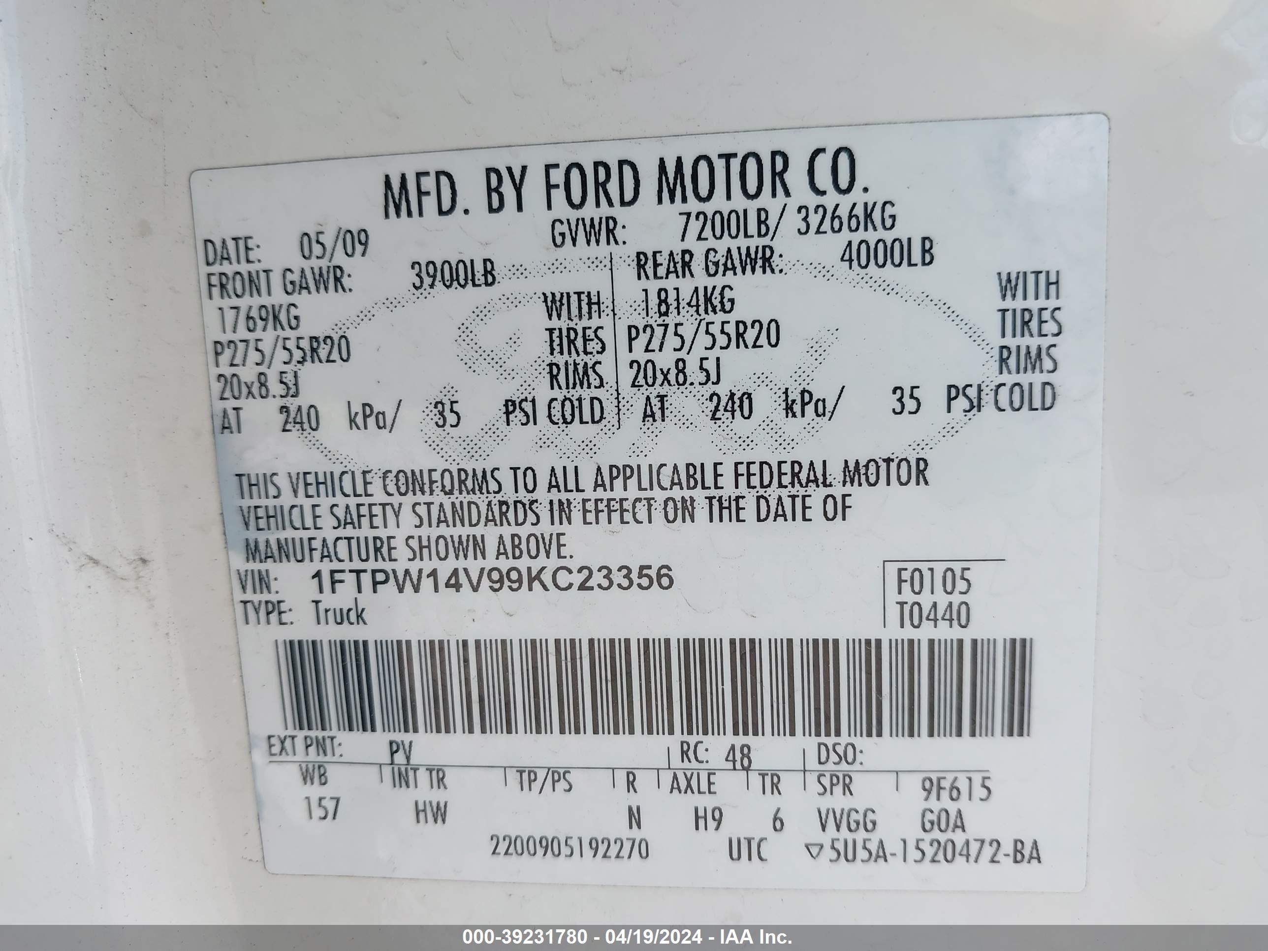 Photo 8 VIN: 1FTPW14V99KC23356 - FORD F-150 