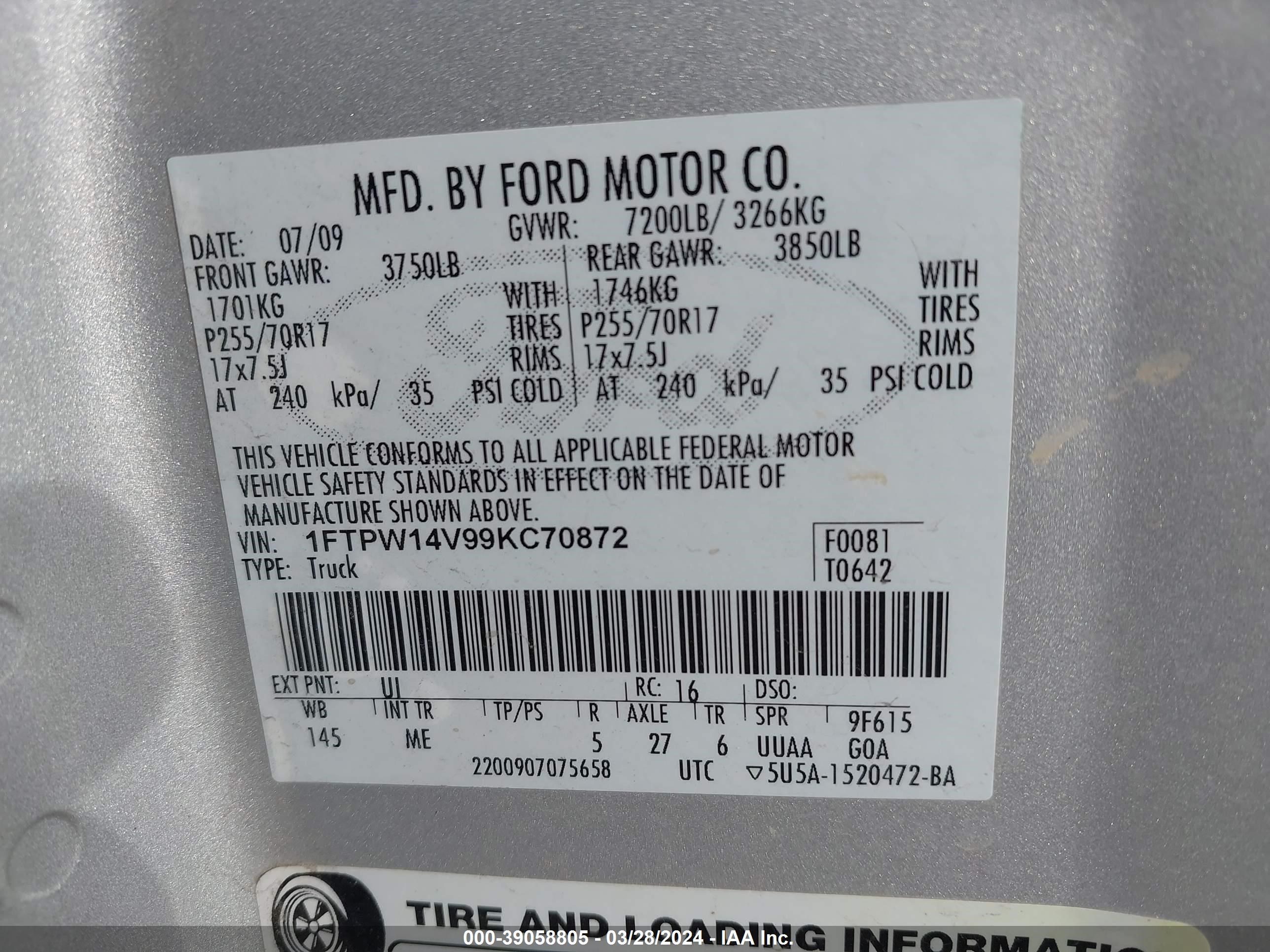 Photo 8 VIN: 1FTPW14V99KC70872 - FORD F-150 