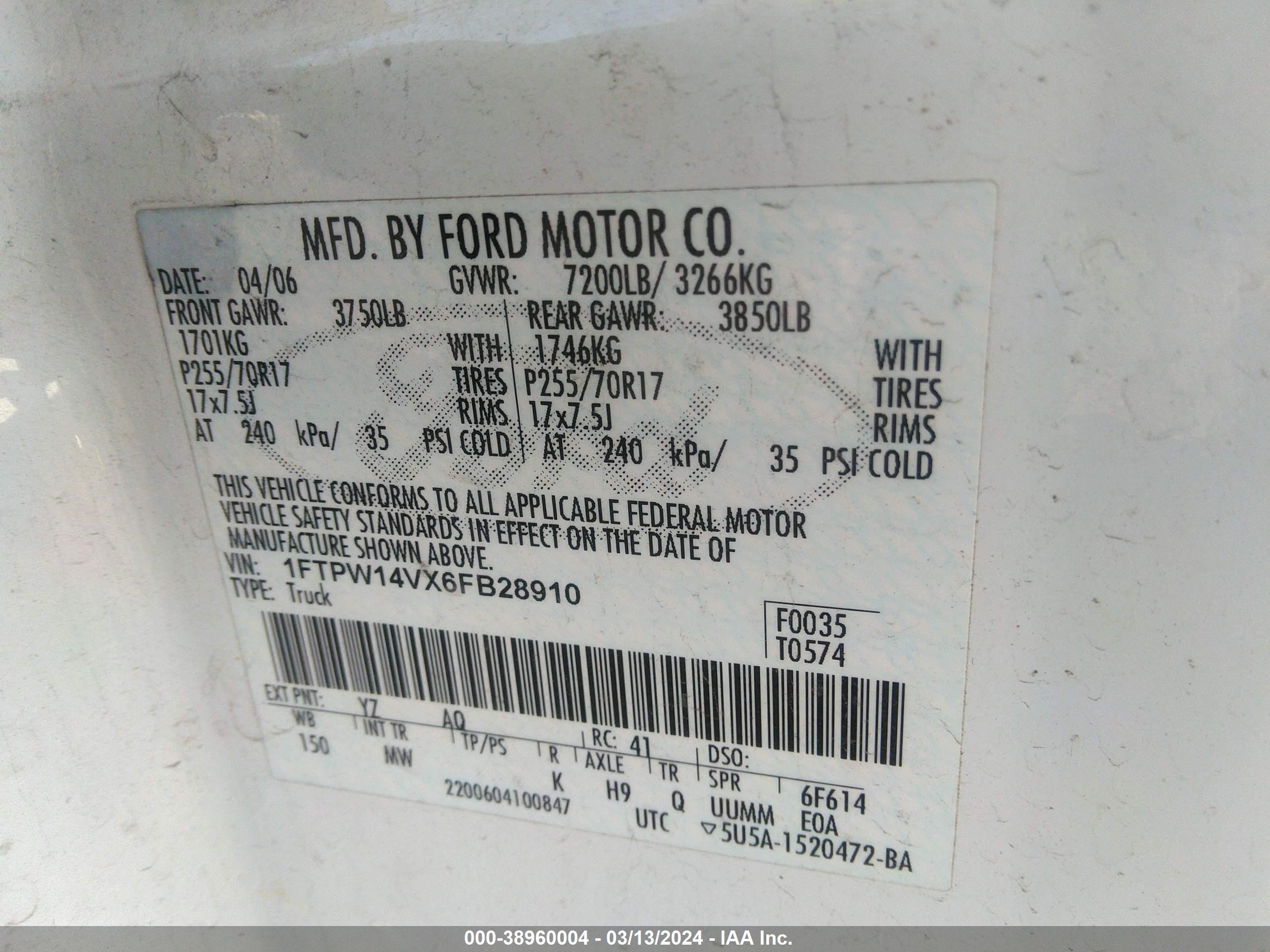 Photo 8 VIN: 1FTPW14VX6FB28910 - FORD F-150 