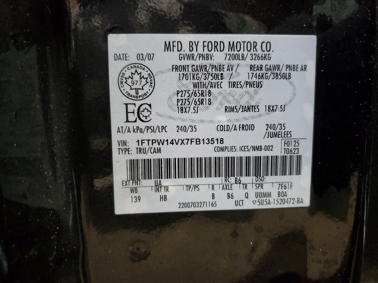 Photo 11 VIN: 1FTPW14VX7FB13518 - FORD F-150 