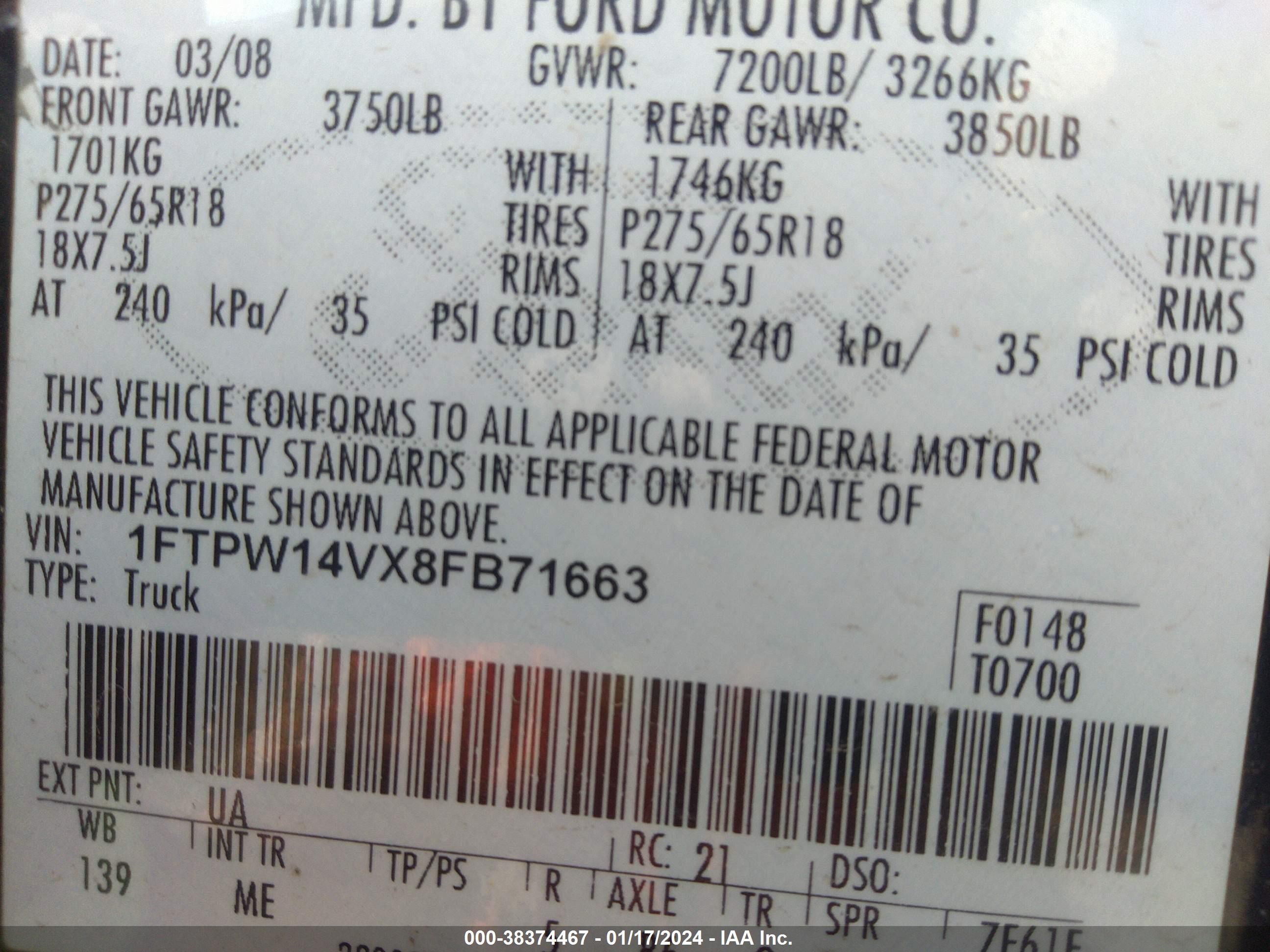 Photo 8 VIN: 1FTPW14VX8FB71663 - FORD F-150 