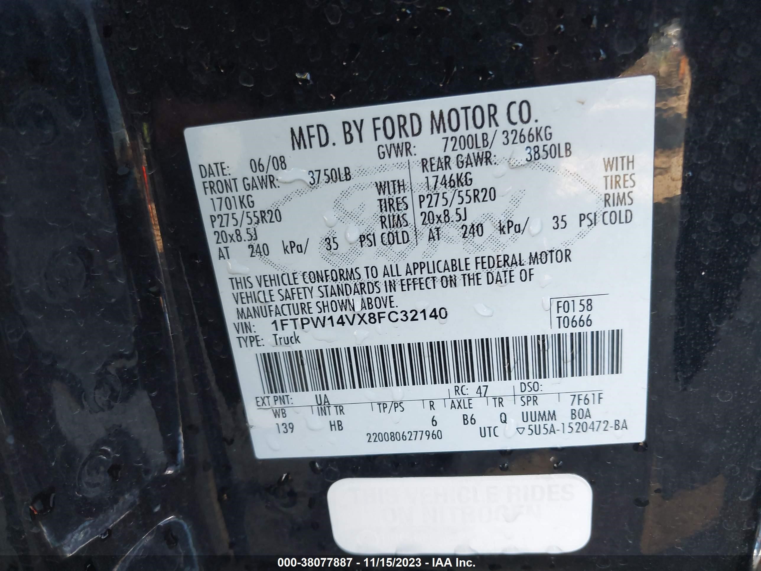 Photo 8 VIN: 1FTPW14VX8FC32140 - FORD F-150 