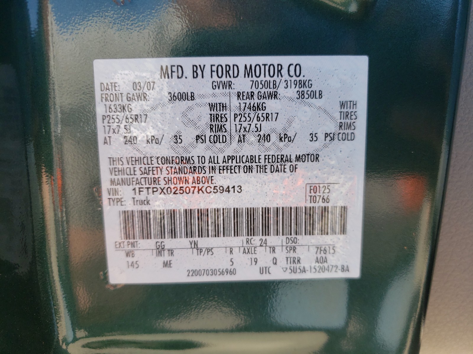 Photo 9 VIN: 1FTPX02507KC59413 - FORD F150 